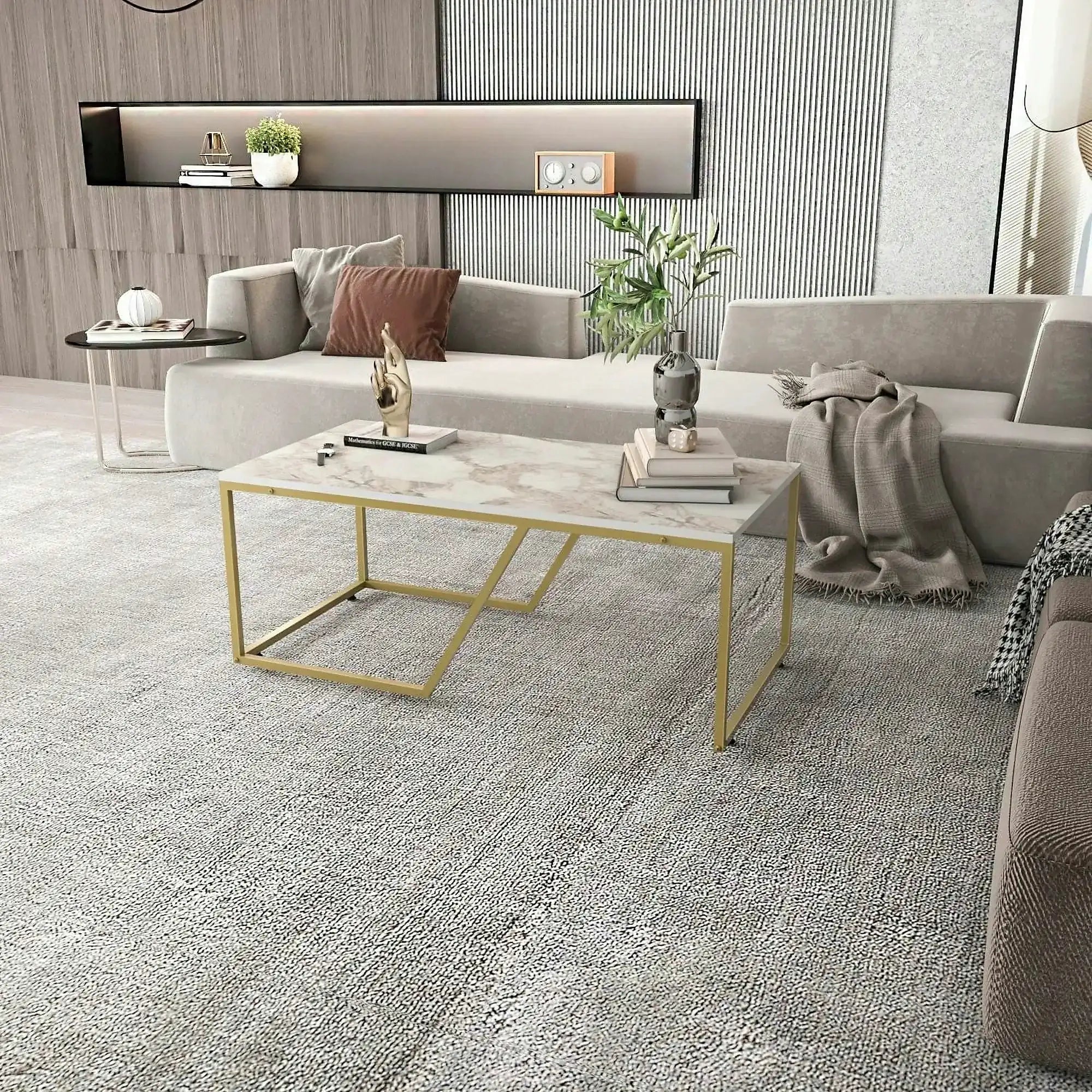 Masuta cafea Wendy, alb cu efect de marmura/auriu, PAL melaminat, 120x60x48 cm