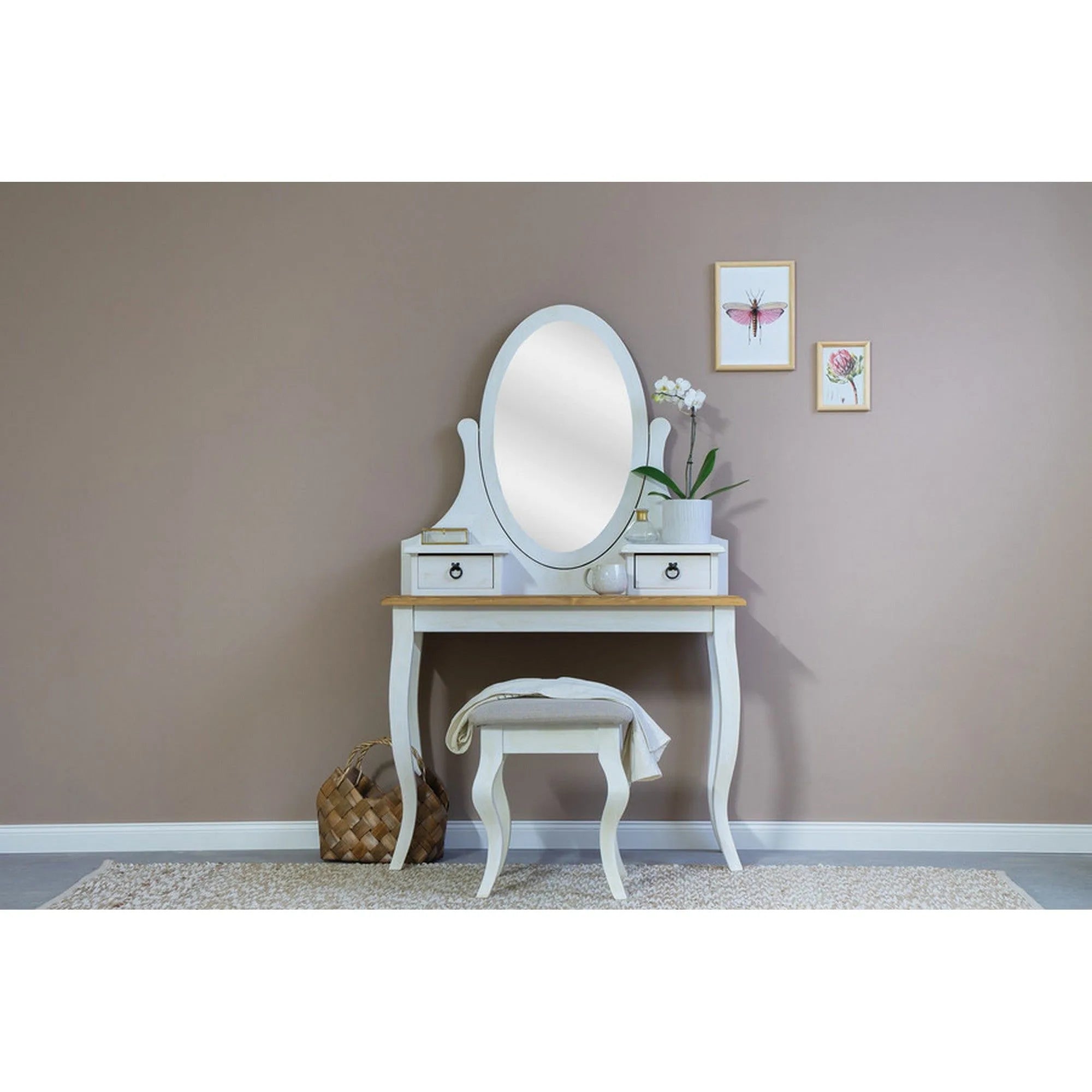 Masuta de toaleta POPRAD, stejar/alb, lemn, cu taburet si oglinda, 100x45x160 cm