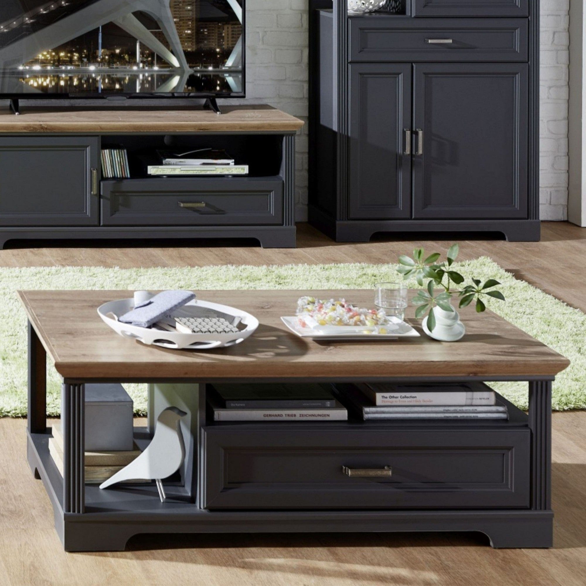 Masuta JASMIN, gri grafit/stejar artisan, PAL, 120x67x45 cm