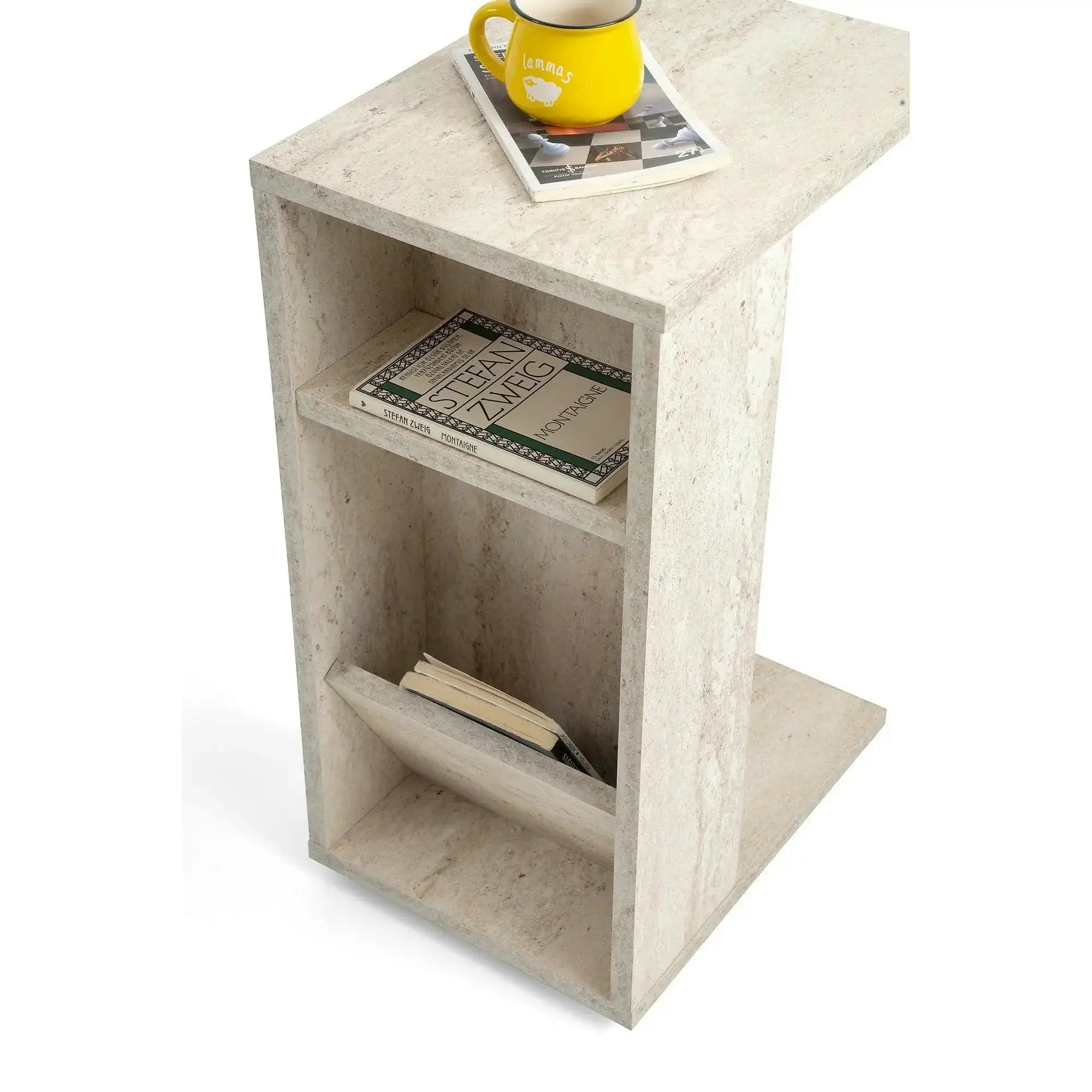 Masuta laterala FILINTA, bej cu efect de marmura, PAL melaminat, 30x40x63 cm