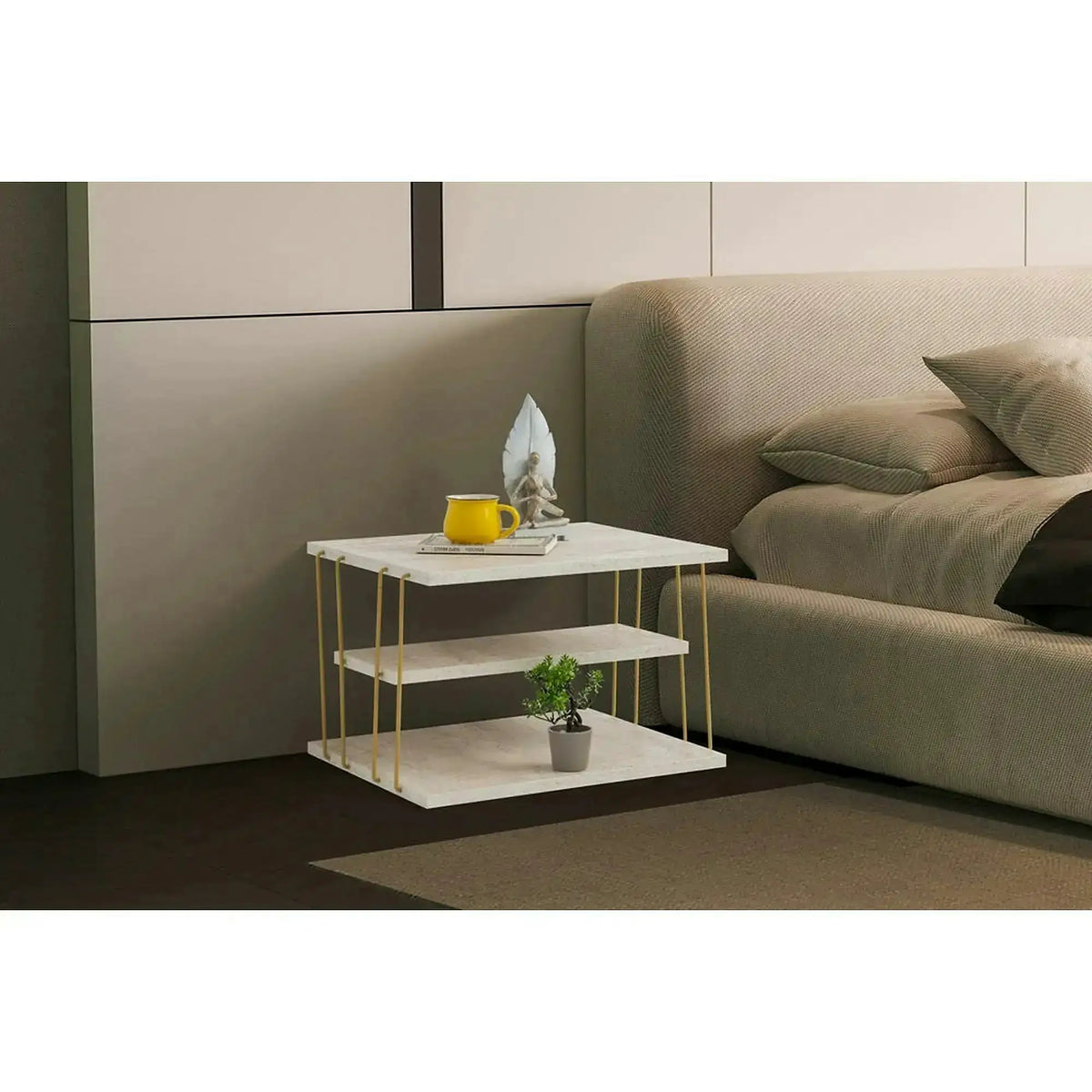 Masuta laterala LIFON, bej cu efect de marmura/auriu, PAL melaminat/metal, 50x40x33 cm
