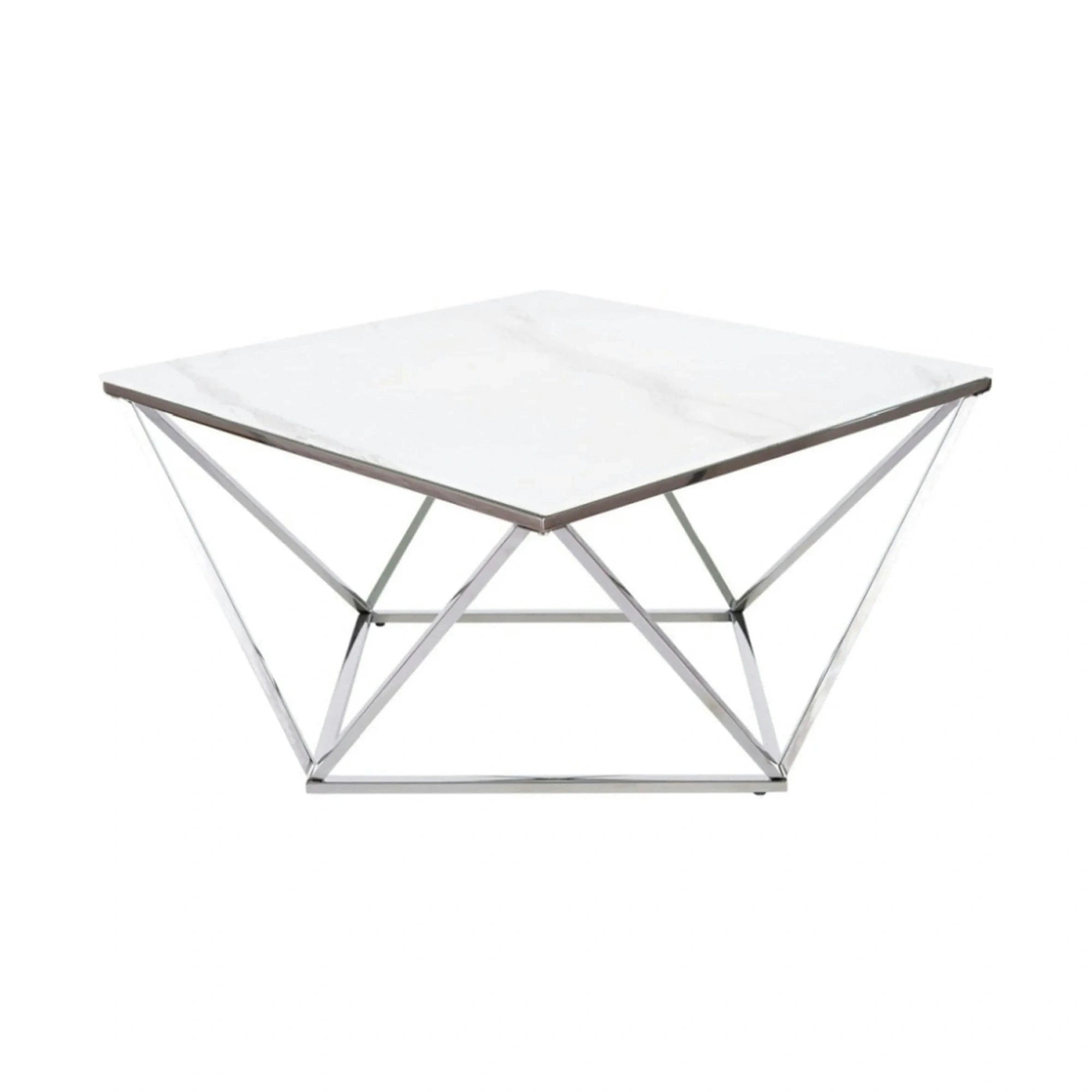 Masuta Silver A II, alb cu efect de marmura/argintiu, sticla securizata/otel, 80x80x45 cm