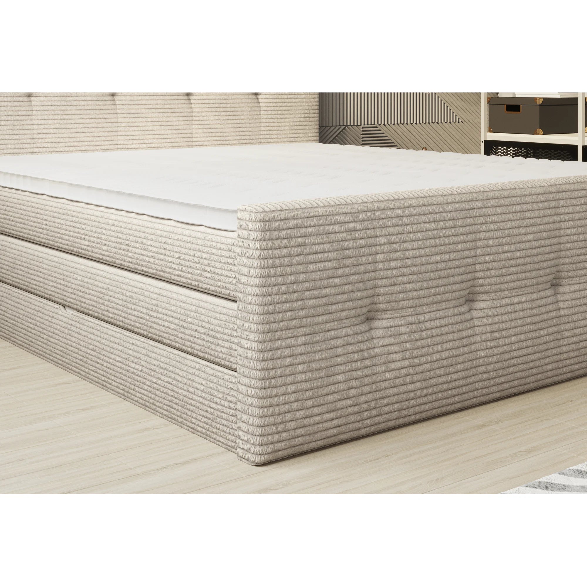 Pat boxspring MEDINO 140x200, personalizabil materiale gama Oferta Avantaj, cu saltele, topper si lada pentru depozitare