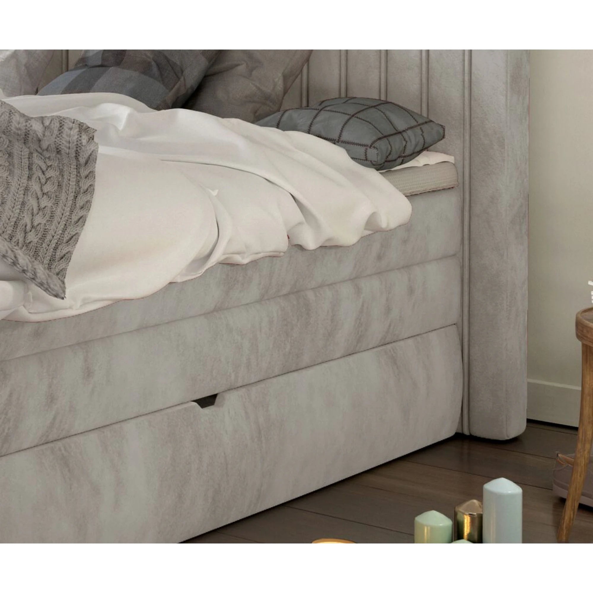 Pat MINOLA boxspring 180x200, stofa catifelata bej - Riviera 16, Gama Premium, cu saltele, topper si 2 lazi pentru depozitare