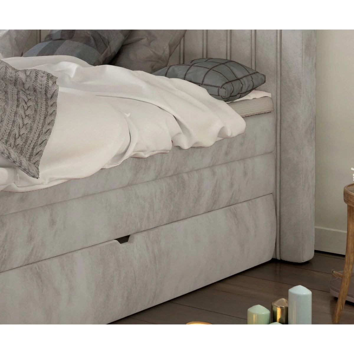 Pat boxspring MINOLA 160x200, personalizabil gama materiale Premium, cu saltele, topper si 2 lazi pentru depozitare