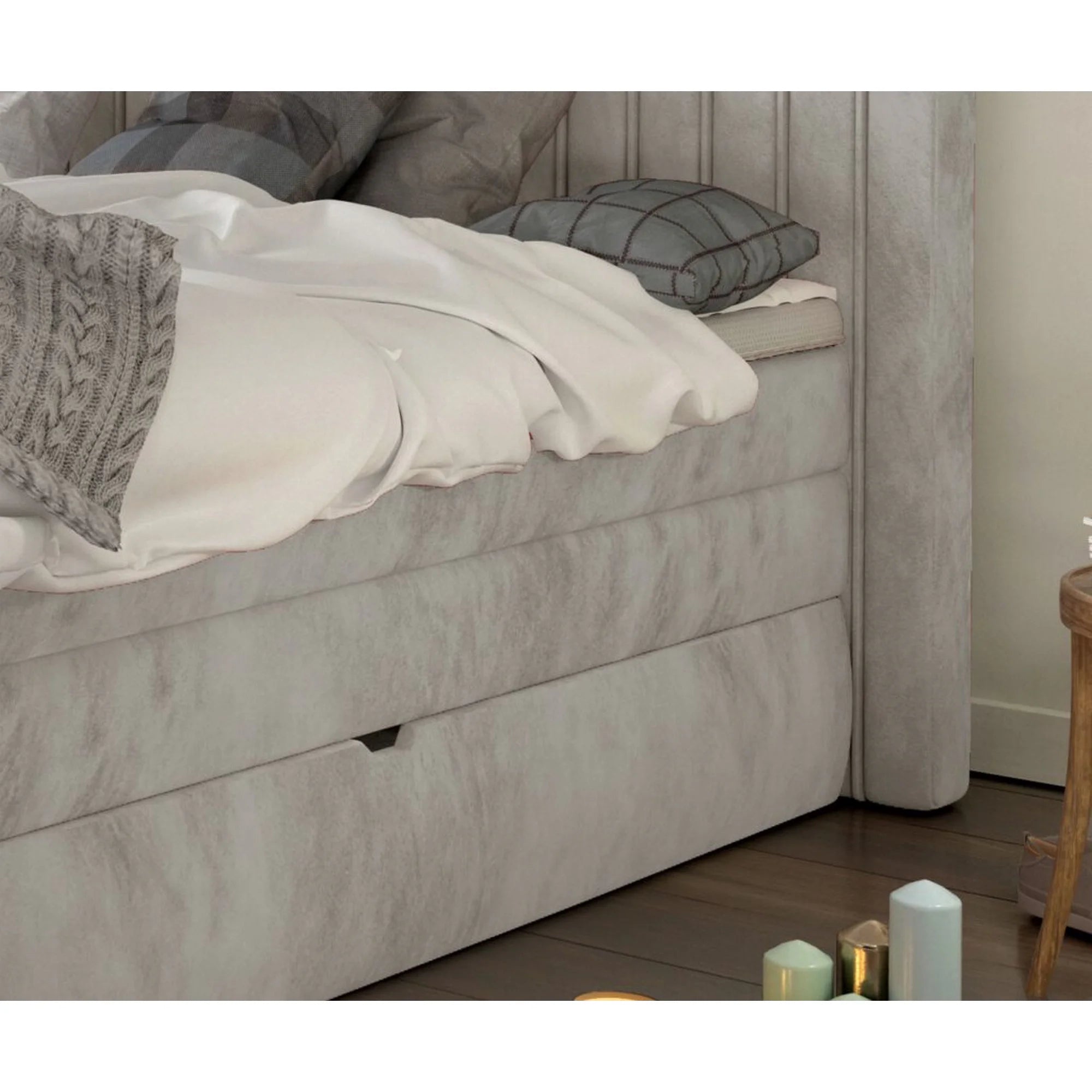 Pat boxspring MINOLA 160x200, personalizabil gama materiale Premium, cu saltele, topper si 2 lazi pentru depozitare