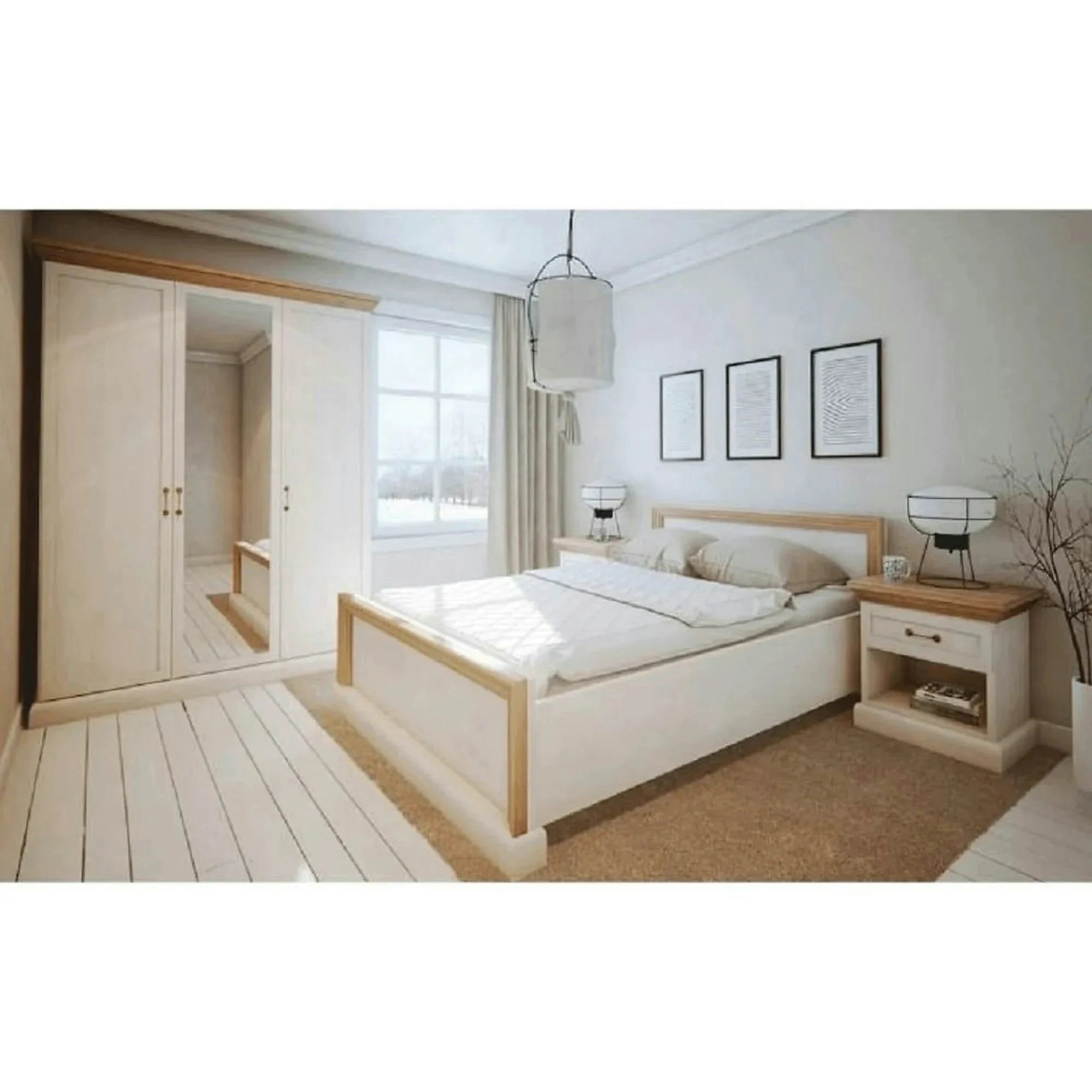 Mobila dormitor stil scandinav ROYAL, pin nordic/stejar salbatic, PAL laminat/metal, cu pat 160x200, somiera, dulap cu 3 usi si 2 noptiere