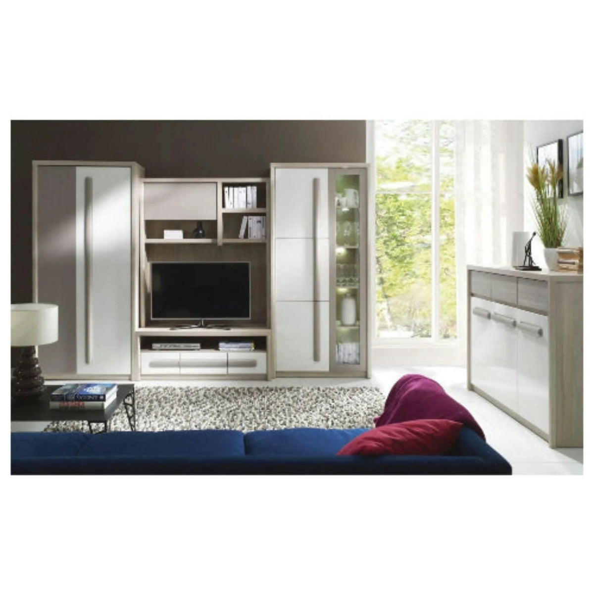 Mobila living 3 metri ROMA, stejar ferrara/alb, PAL, cu iluminare LED, 4 piese