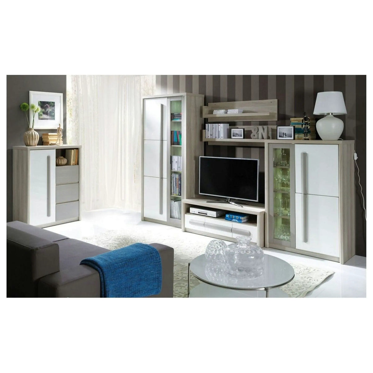 Mobila living clasic modern ROMA A, stejar ferrara/alb, PAL laminat, cu iluminare LED, 5 piese, 300x53x194 cm
