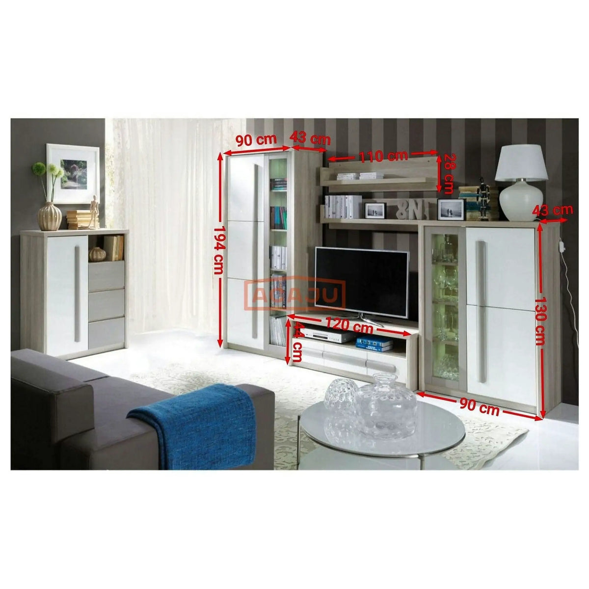 Mobila living clasic modern ROMA A, stejar ferrara/alb, PAL laminat, cu iluminare LED, 5 piese, 300x53x194 cm