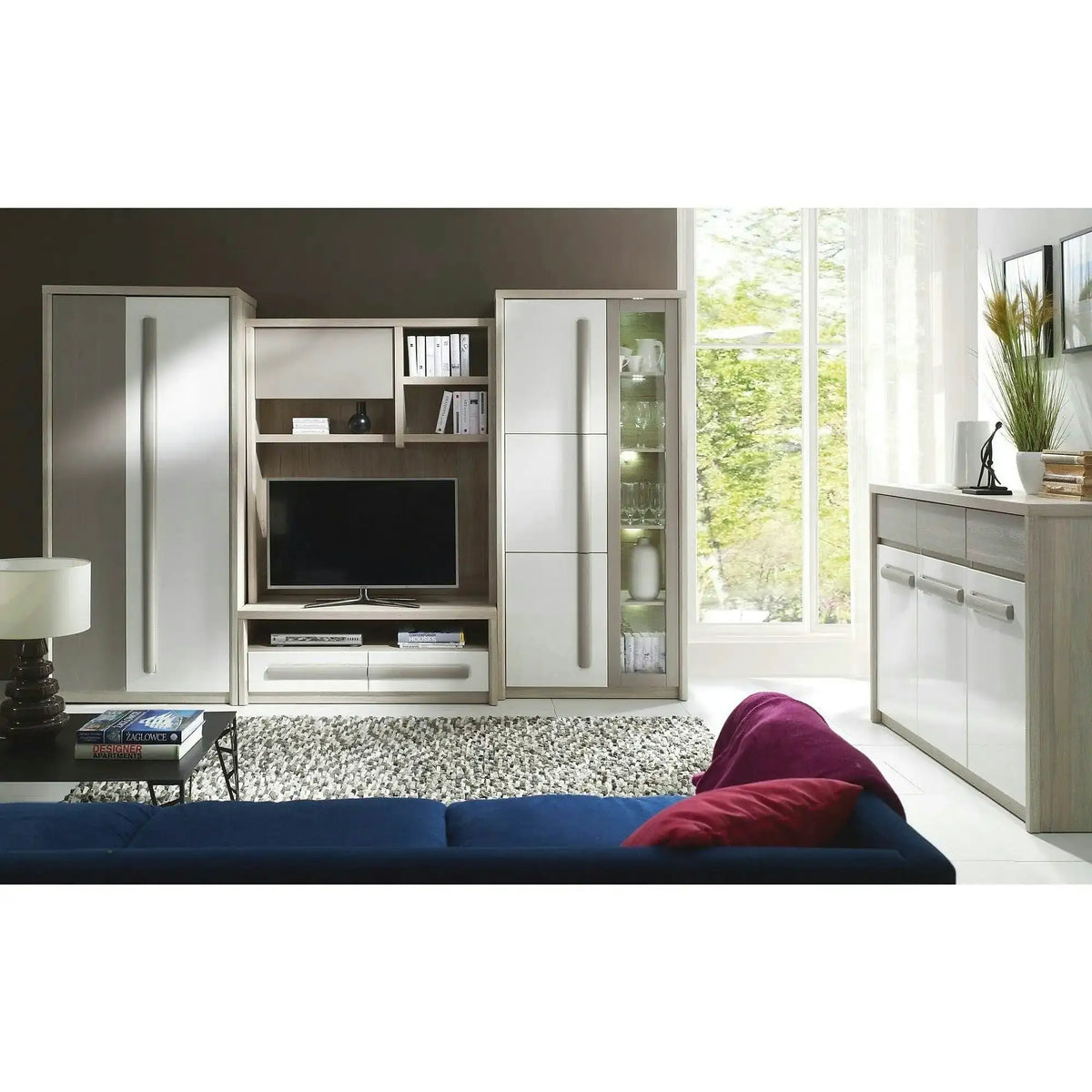 Mobila living clasic modern ROMA+comoda ROMA 12, stejar ferrara/alb, PAL laminat, cu iluminare LED, 5 piese