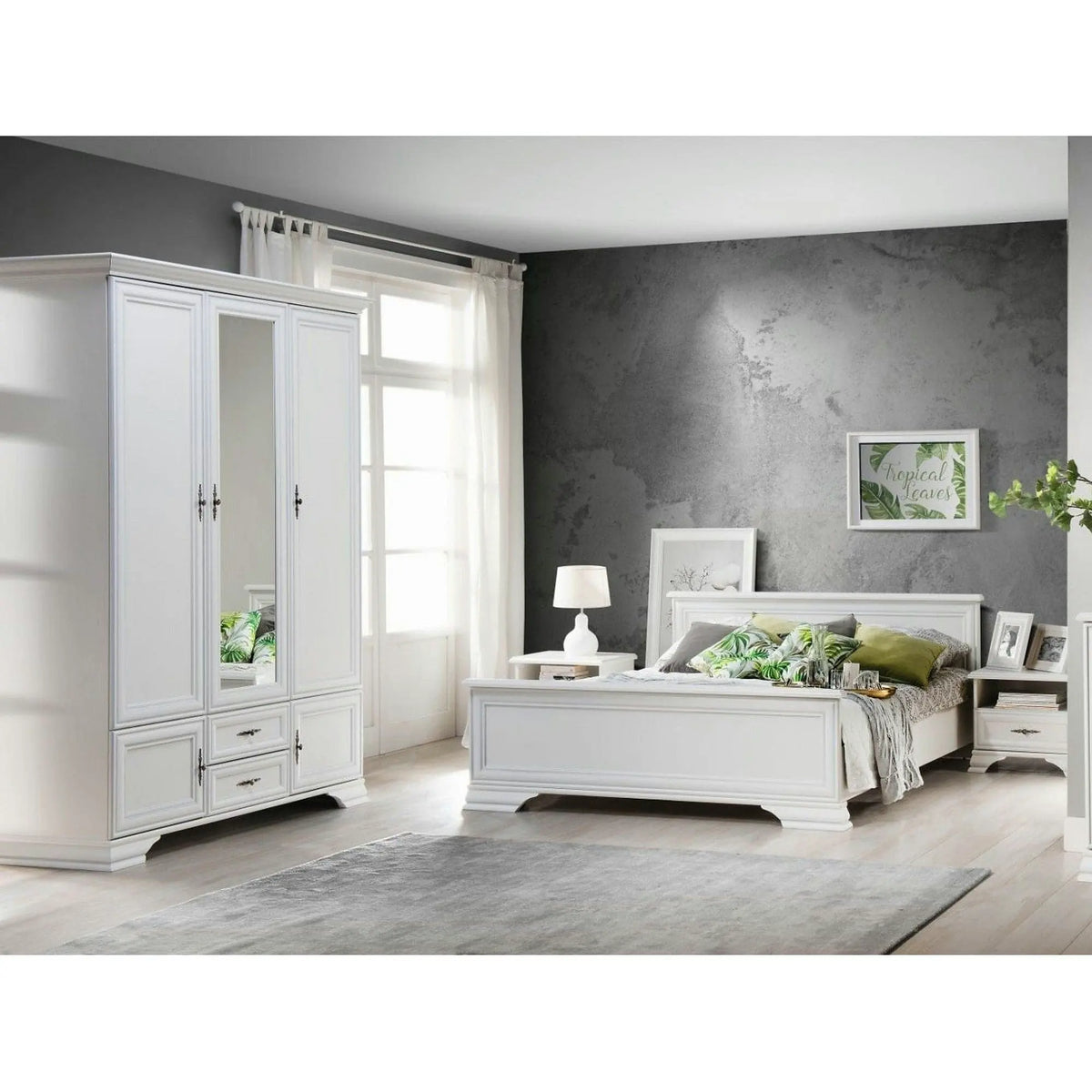 Mobilier dormitor alb IDENTO 2, cu pat 160x200, dulap cu 5 usi si 2 sertare, si 2 noptiere