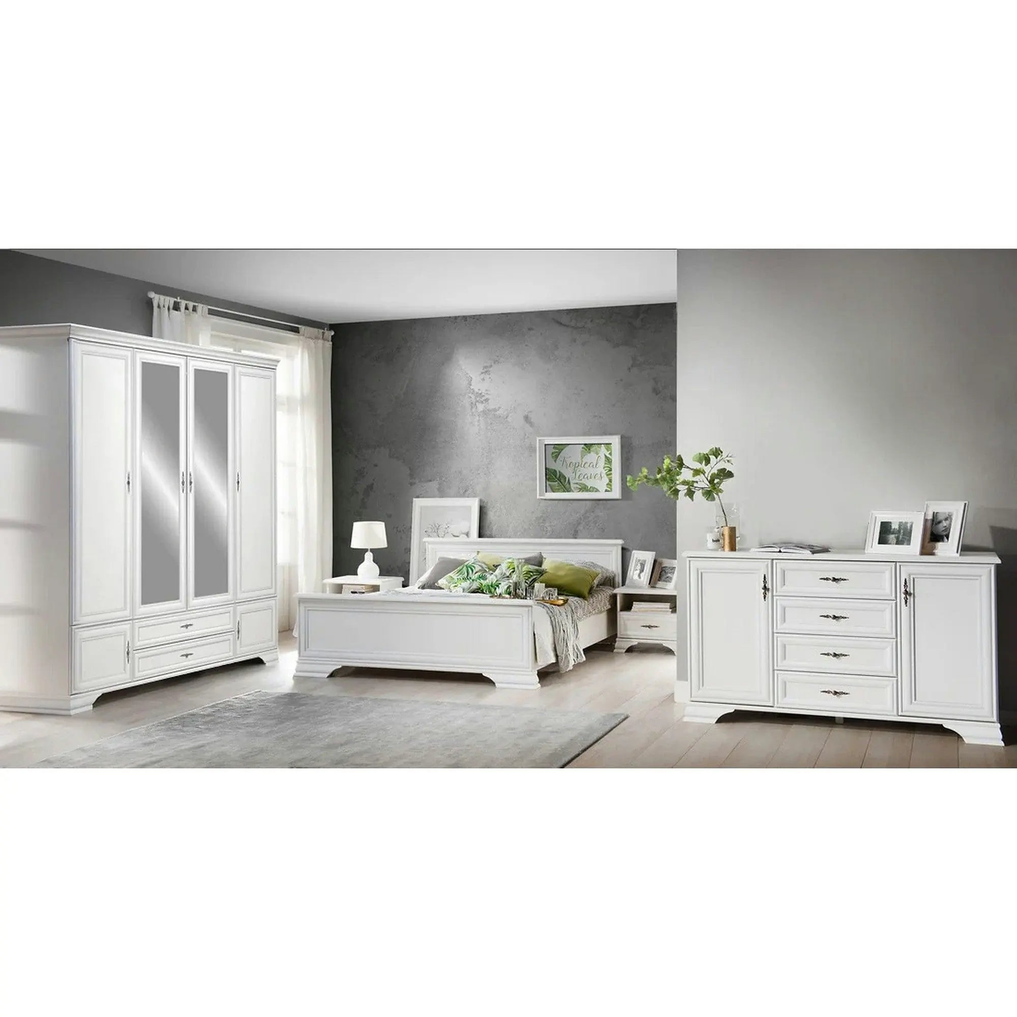 Mobilier dormitor alb IDENTO 4, cu pat 160x200, dulap cu 6 usi si 2 sertare, noptiere si comoda