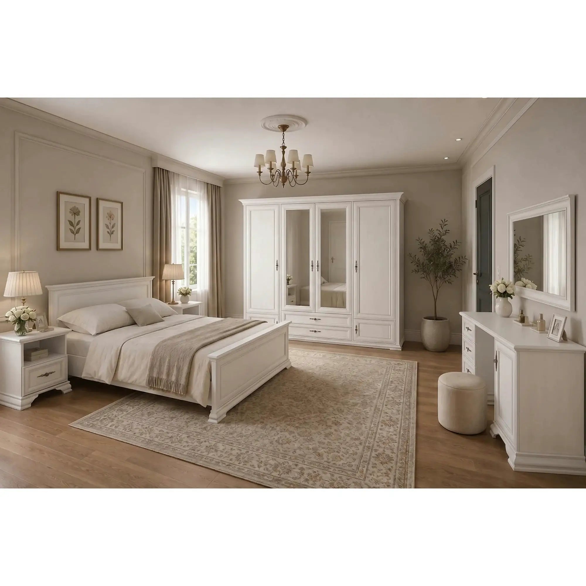 Mobilier dormitor alb IDENTO 5, cu pat 160x200, dulap cu 6 usi si 2 sertare, noptiere, masa toaleta si oglinda