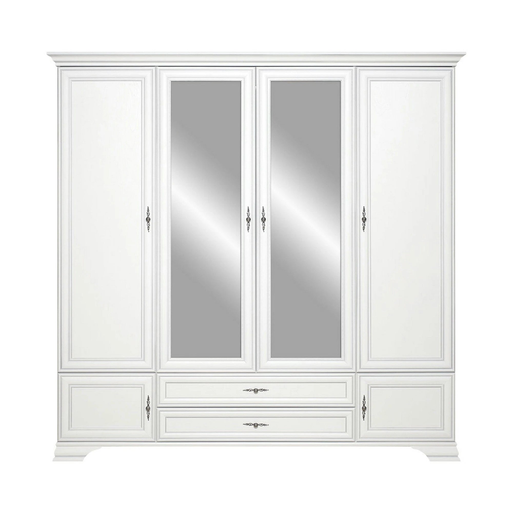 Mobilier dormitor alb IDENTO 5, cu pat 160x200, dulap cu 6 usi si 2 sertare, noptiere, masa toaleta si oglinda