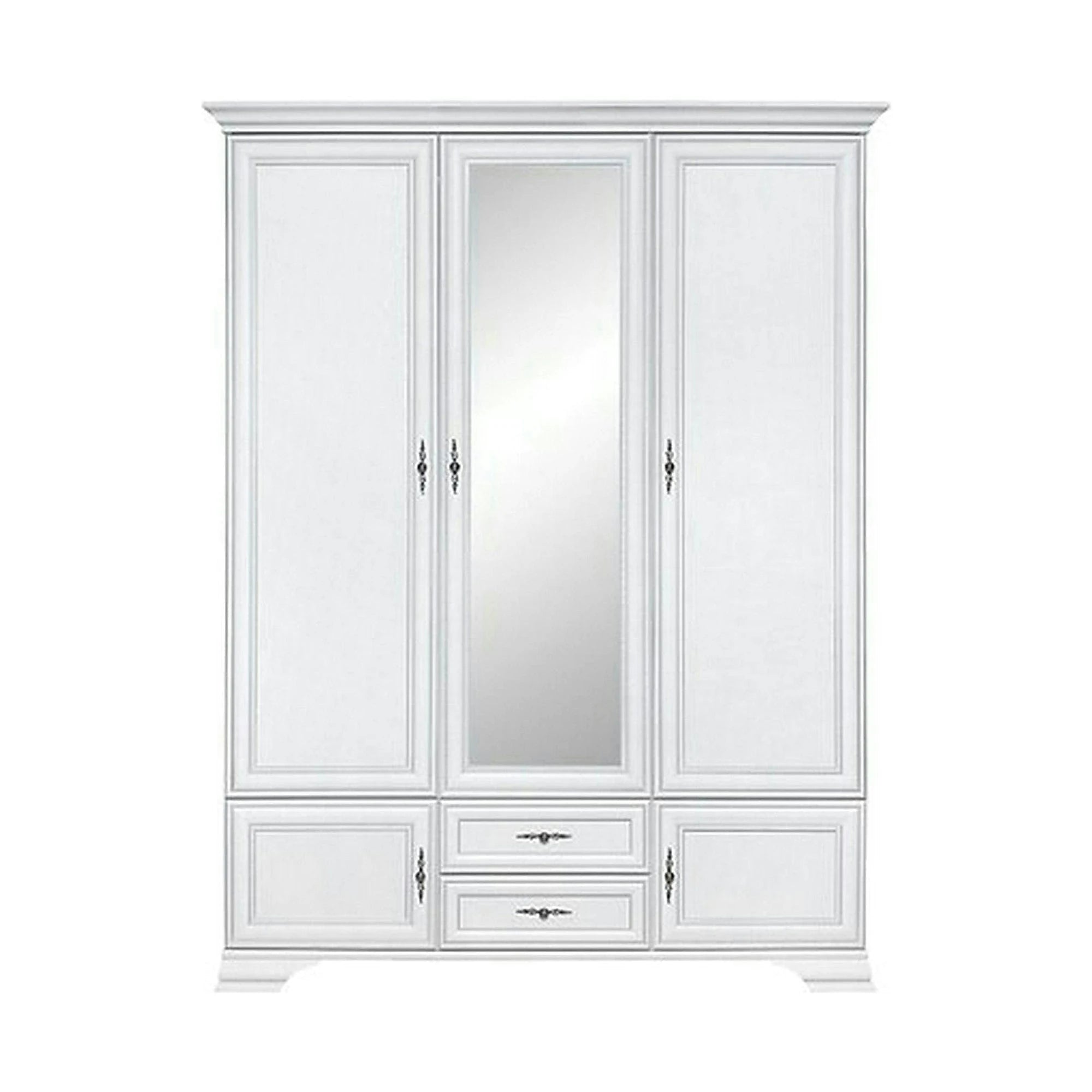 Mobilier dormitor alb IDENTO, cu pat 160x200, dulap cu 5 usi si 2 sertare, noptiere, comoda si oglinda