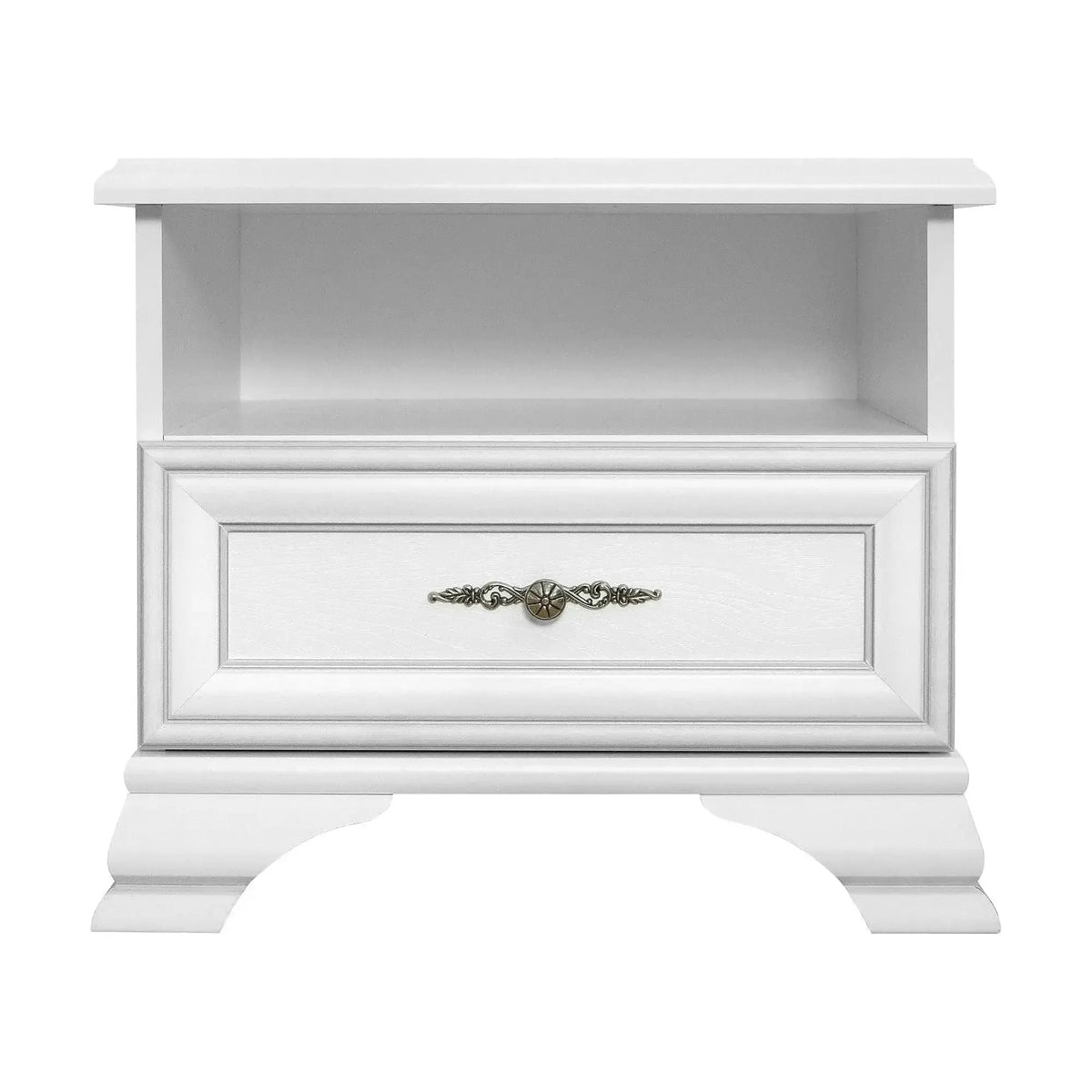 Mobilier dormitor alb IDENTO, cu pat 160x200, dulap cu 5 usi si 2 sertare, noptiere, comoda si oglinda