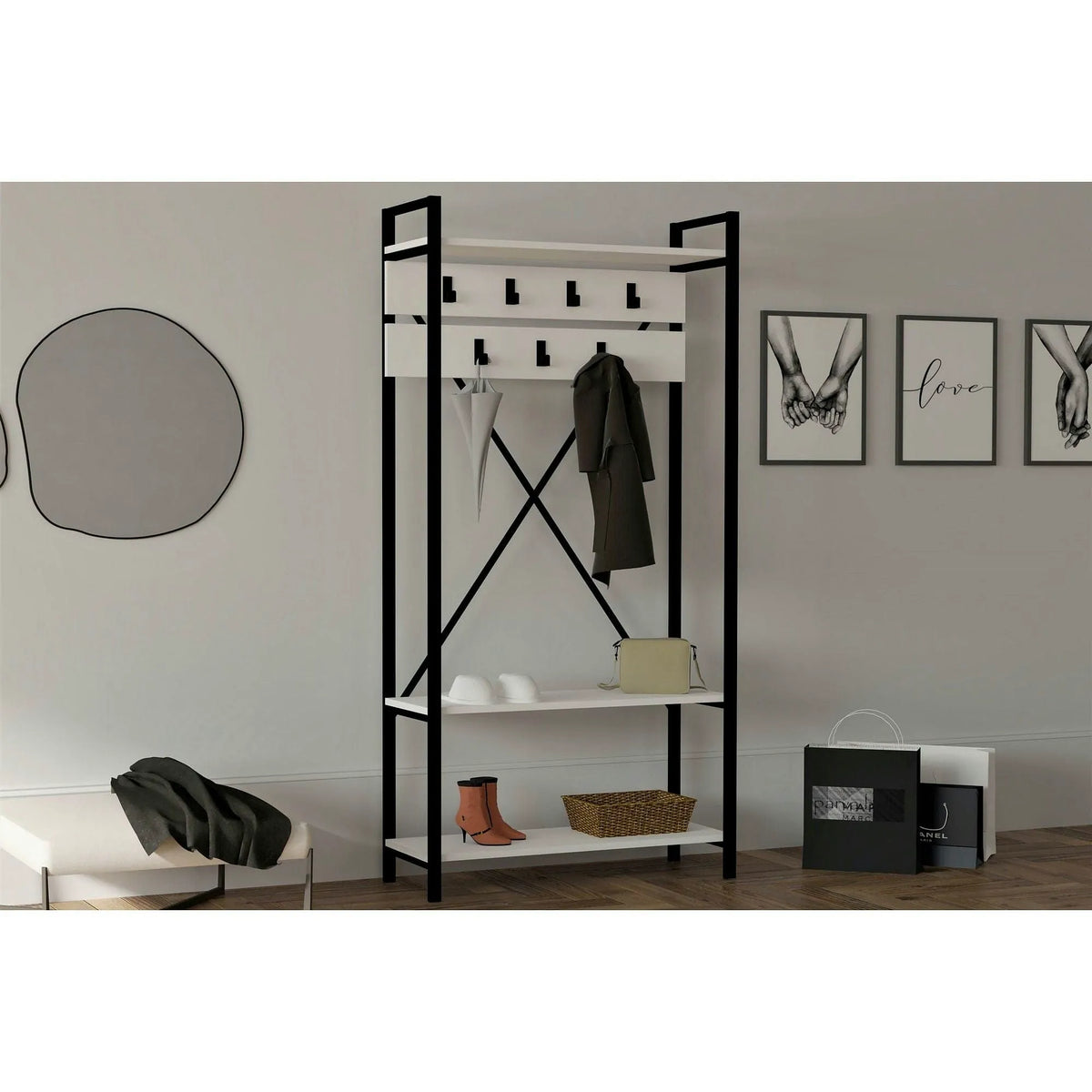 Mobilier hol ALFA, alb/negru, PAL melaminat, 90x34x180 cm