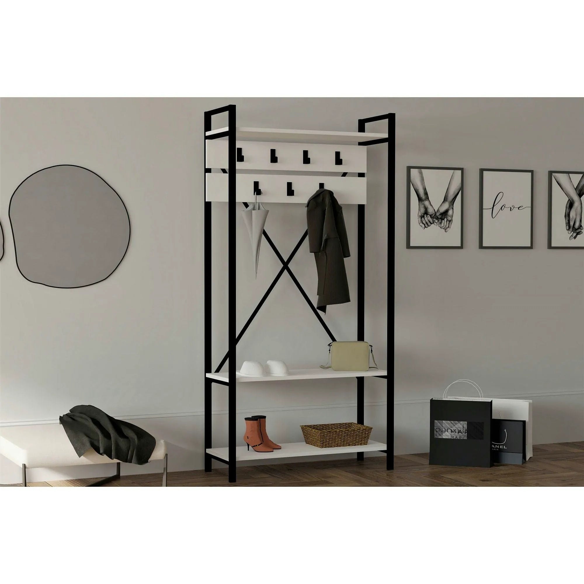 Mobilier hol ALFA, alb/negru, PAL melaminat, 90x34x180 cm