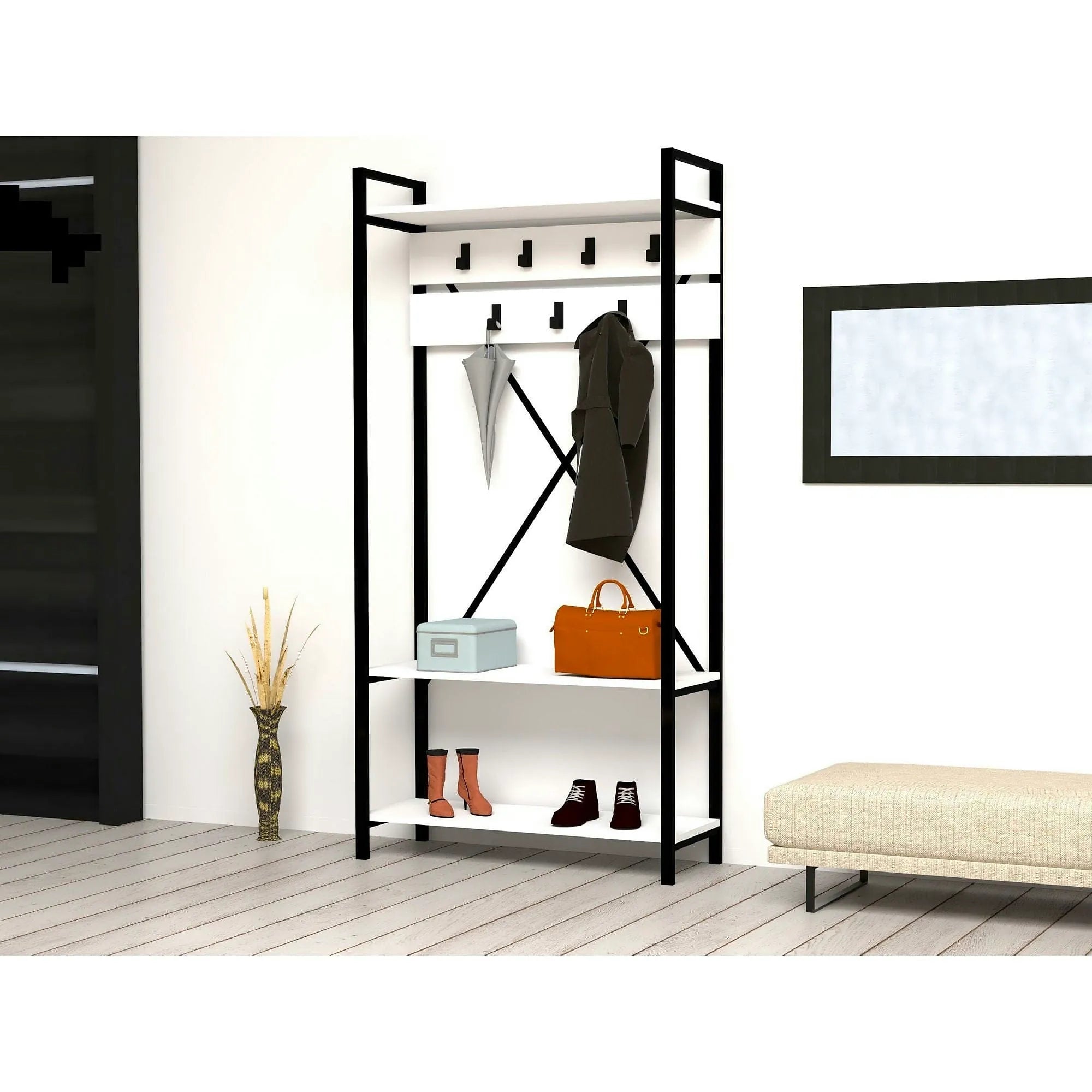 Mobilier hol ALFA, alb/negru, PAL melaminat, 90x34x180 cm