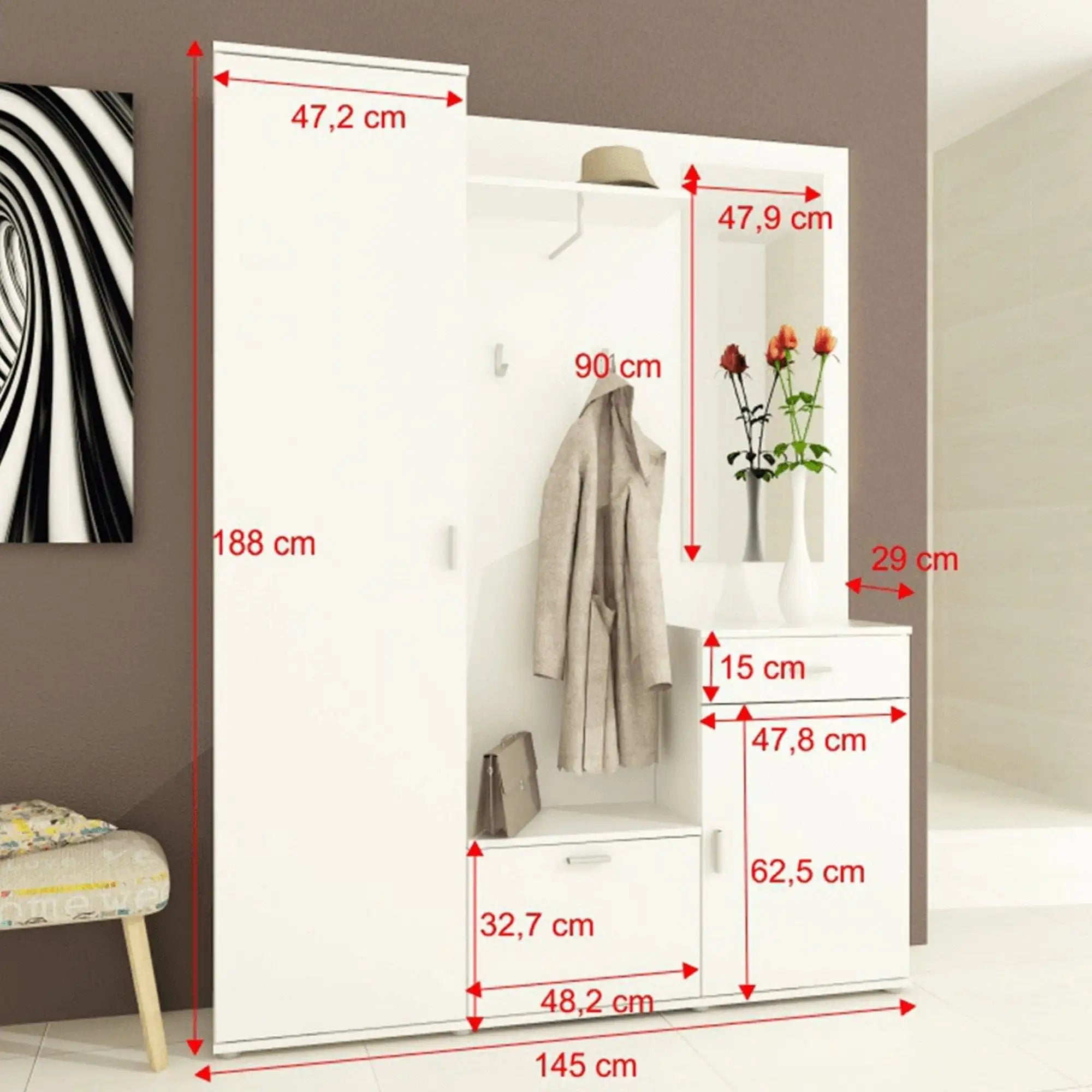 Mobilier hol AMALIA, alb, PAL melaminat, 145x29x188 cm