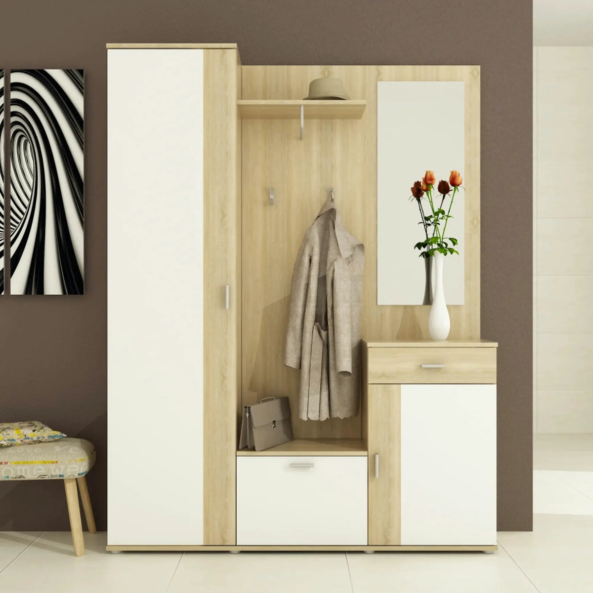 Mobilier hol AMALIA, stejar sonoma/alb, PAL, 145x29x188 cm