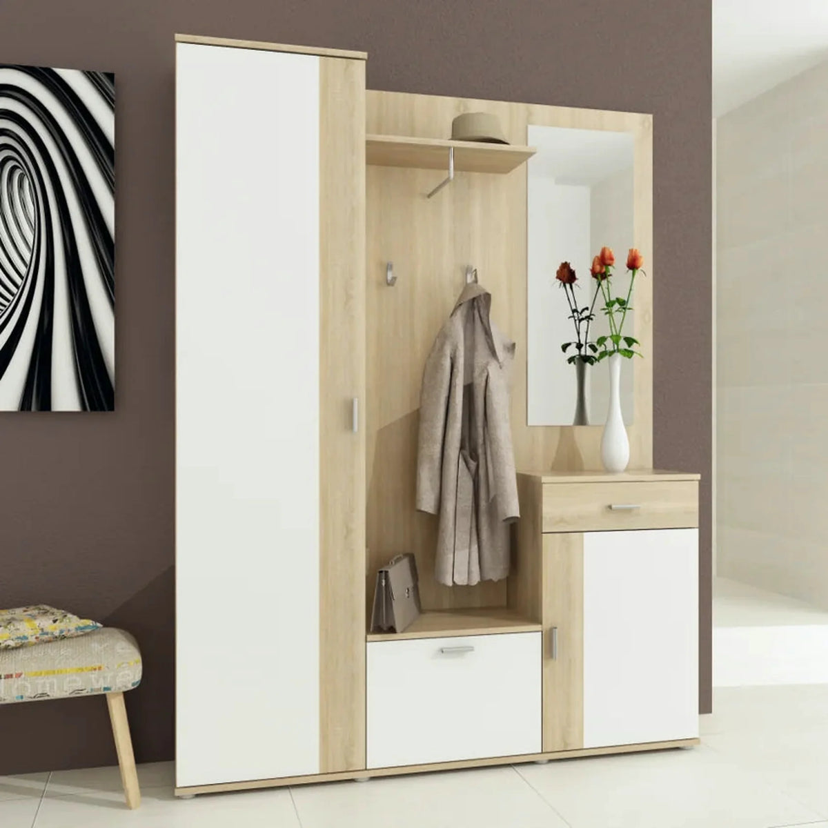 Mobilier hol AMALIA, stejar sonoma/alb, PAL, 145x29x188 cm