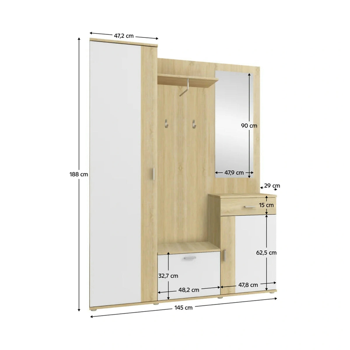 Mobilier hol AMALIA, stejar sonoma/alb, PAL, 145x29x188 cm
