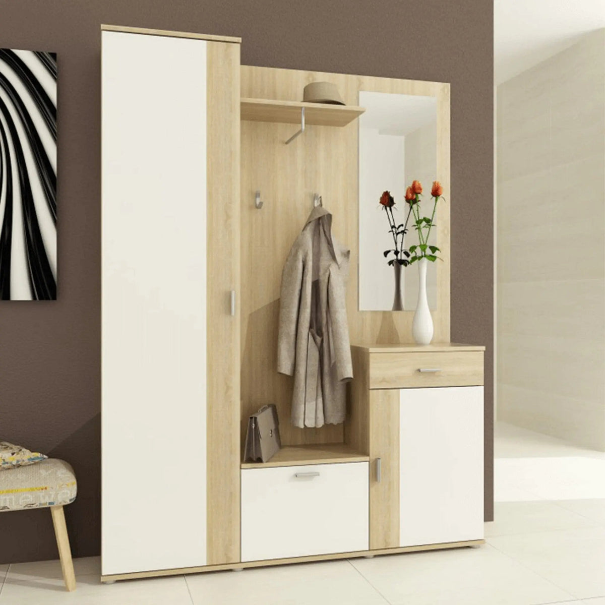 Mobilier hol AMALIA, stejar sonoma/alb, PAL, 145x29x188 cm