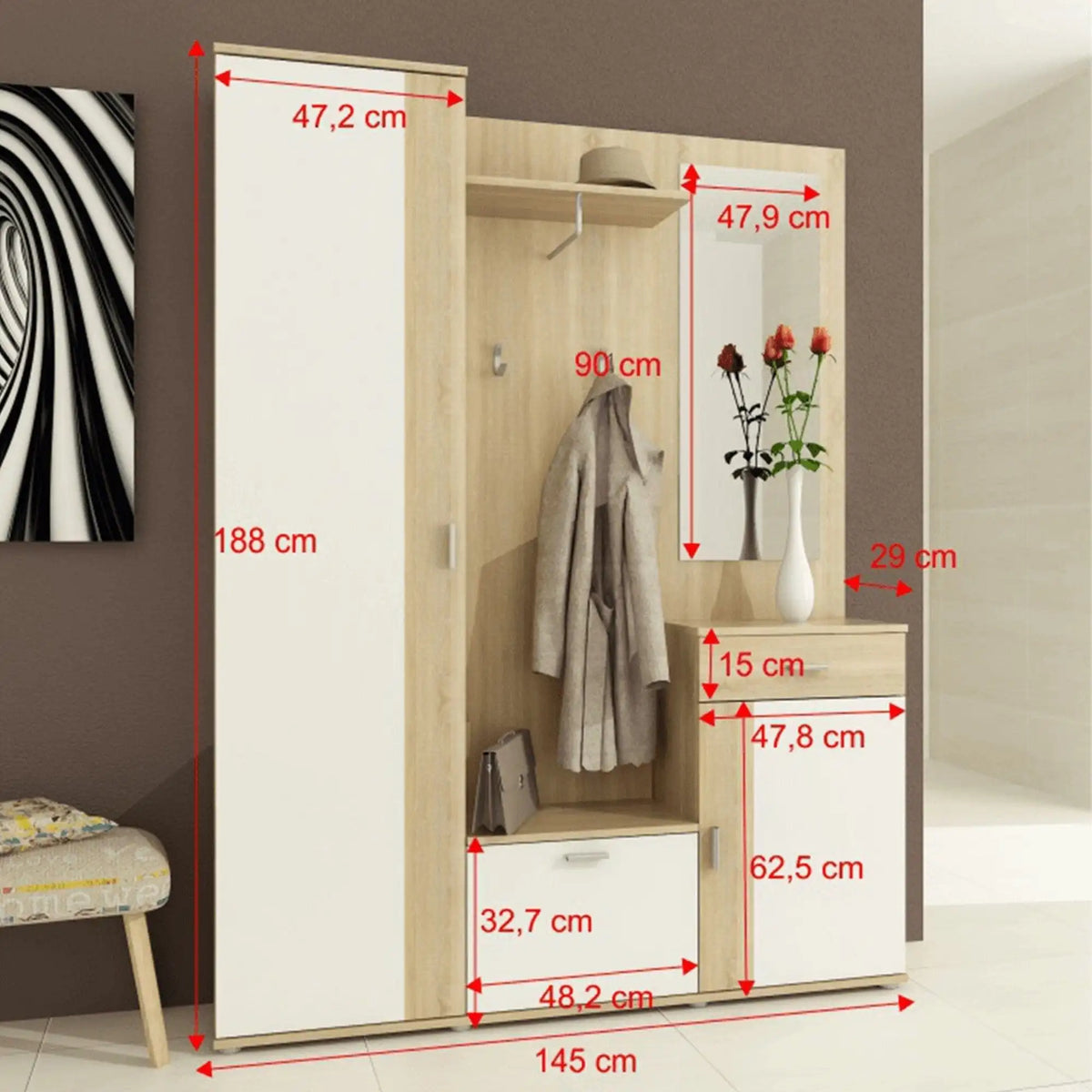 Mobilier hol AMALIA, stejar sonoma/alb, PAL, 145x29x188 cm