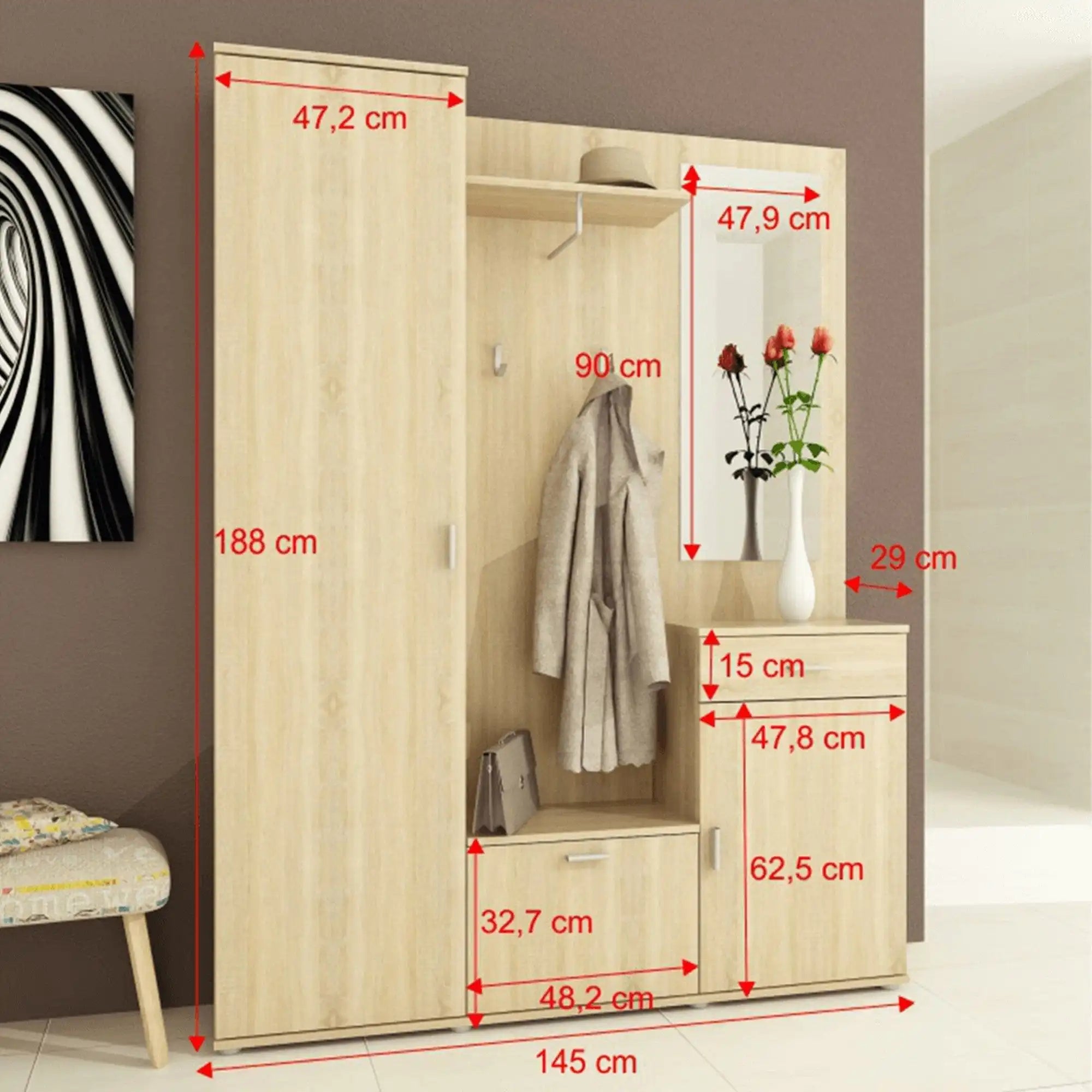 Mobilier hol AMALIA, stejar sonoma, PAL melaminat, 144x32x188 cm