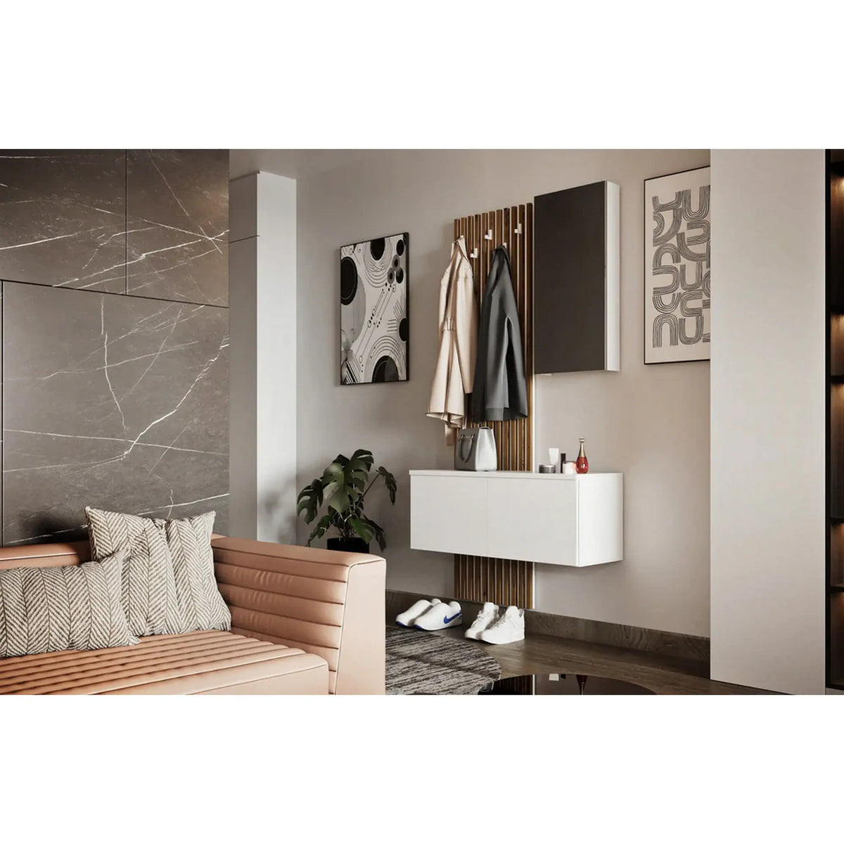 Mobilier hol ARIKA, alb/stejar, PAL, 101x38x200 cm