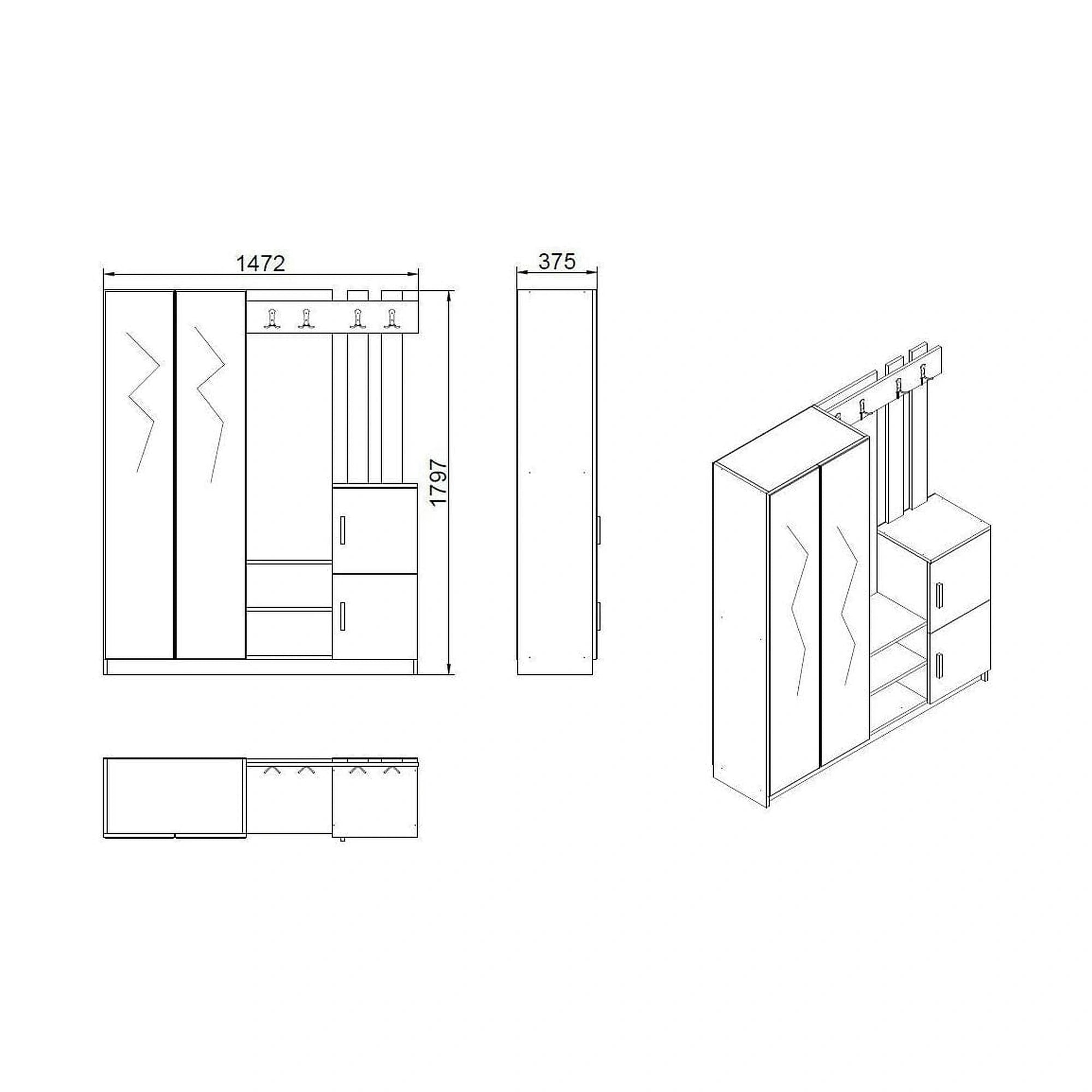 Mobilier hol DD8-W, alb, PAL melaminat, 147x38x180 cm