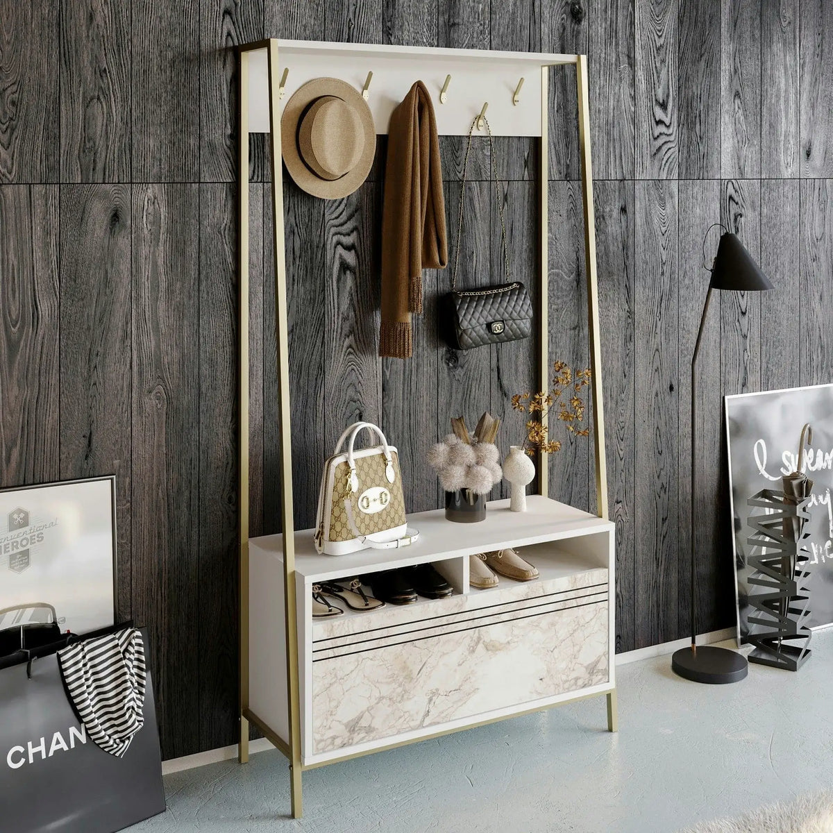 Mobilier hol DEVIN, alb, PAL melaminat/metal, 94x35x180 cm