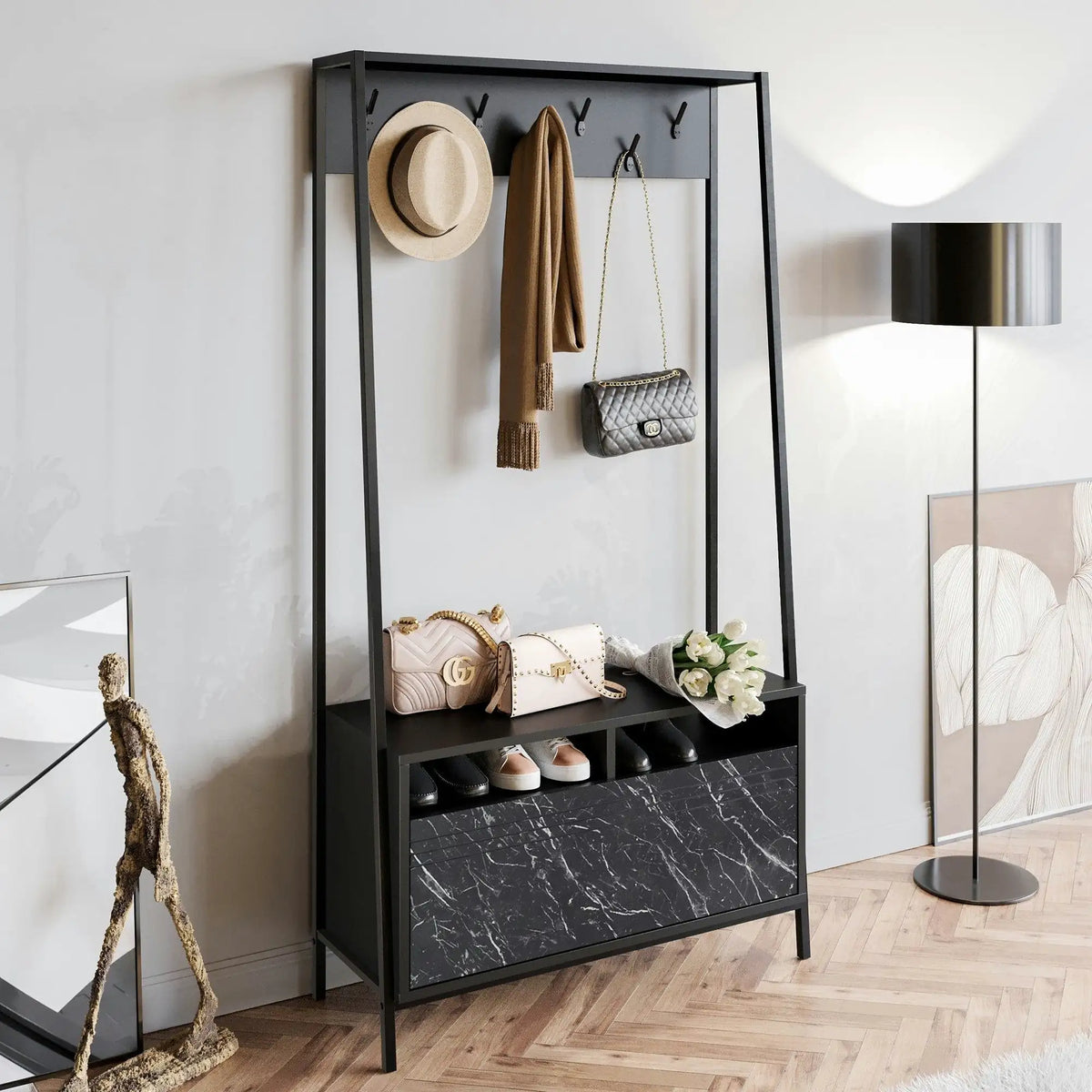 Mobilier hol DEVIN, negru, PAL melaminat/metal, 94x35x180 cm