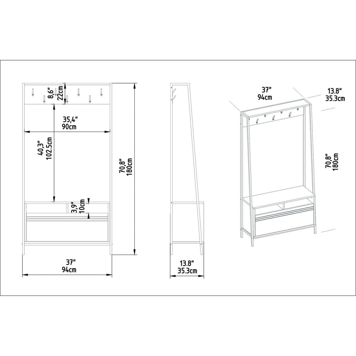 Mobilier hol DEVIN, negru, PAL melaminat/metal, 94x35x180 cm