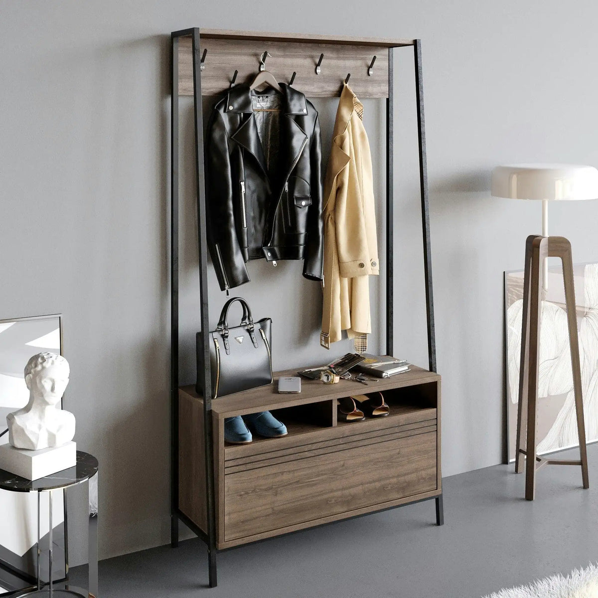 Mobilier hol DEVIN, nuc/negru, PAL melaminat/metal, 94x35x180 cm