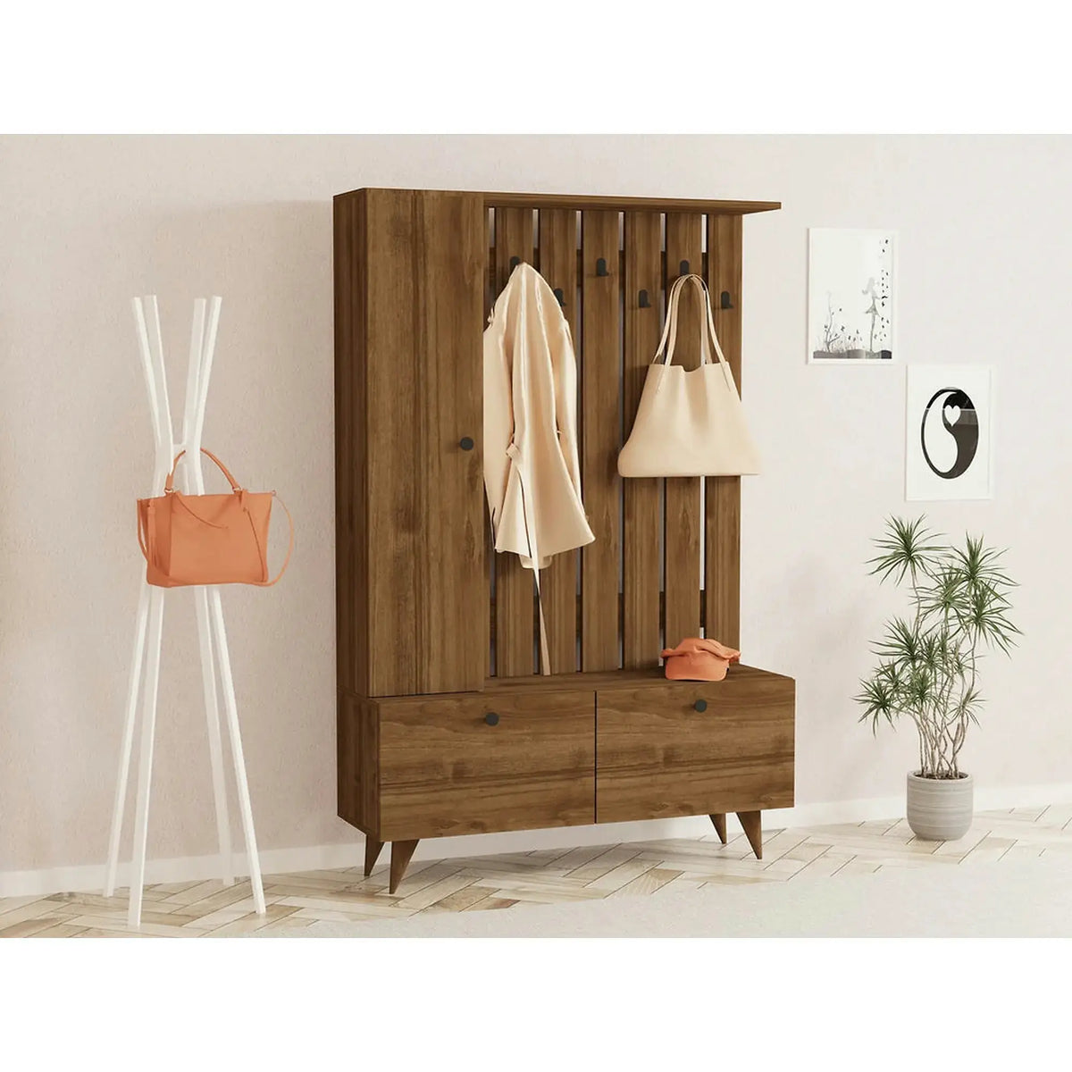 Mobilier hol LALA, nuc, PAL melaminat, 112x35x170 cm