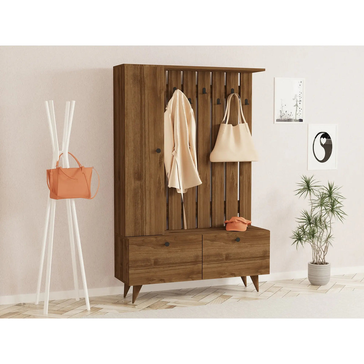 Mobilier hol LALA, nuc, PAL melaminat, 112x35x170 cm