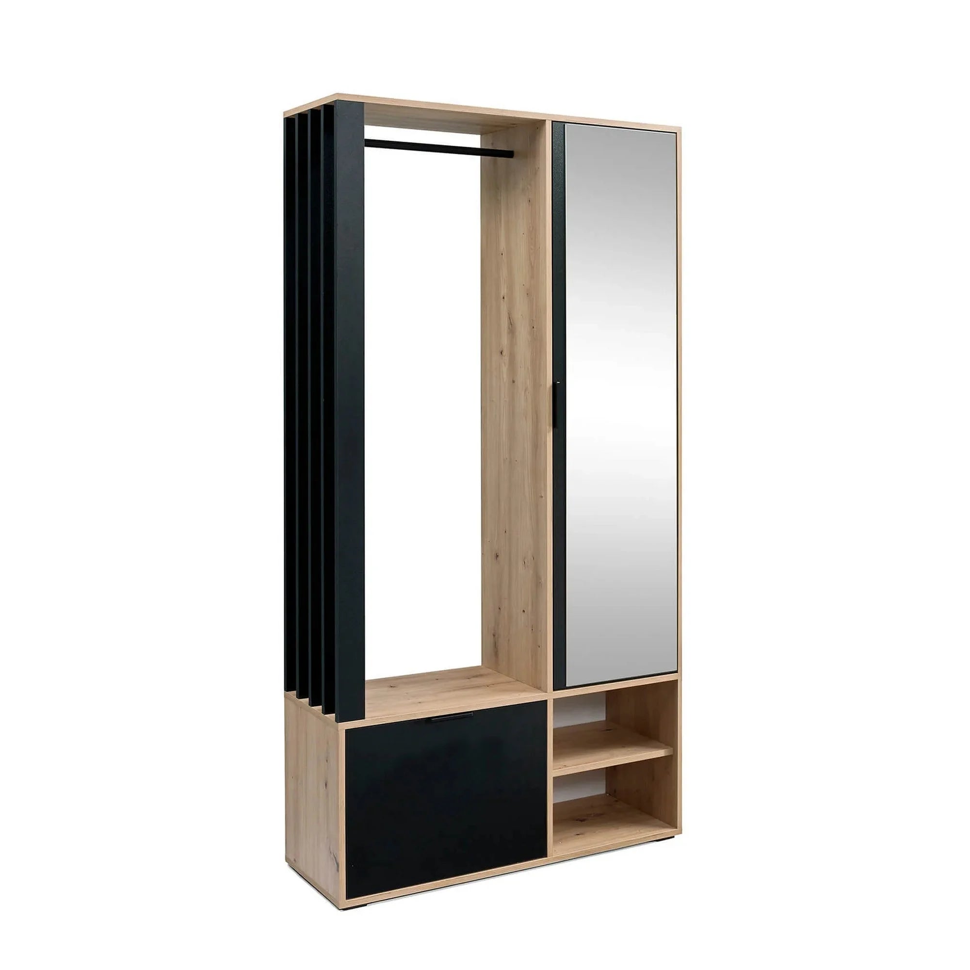 Cuier mobila hol MILO, stejar artisan/negru, PAL laminat/metal, 100x33x189 cm
