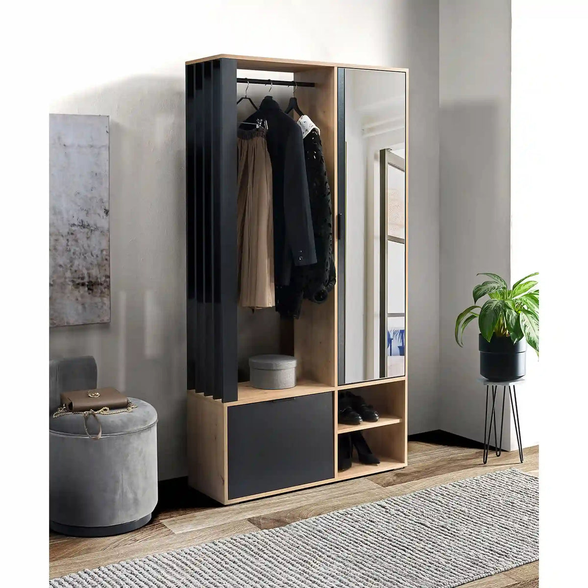 Cuier mobila hol MILO, stejar artisan/negru, PAL laminat/metal, 100x33x189 cm