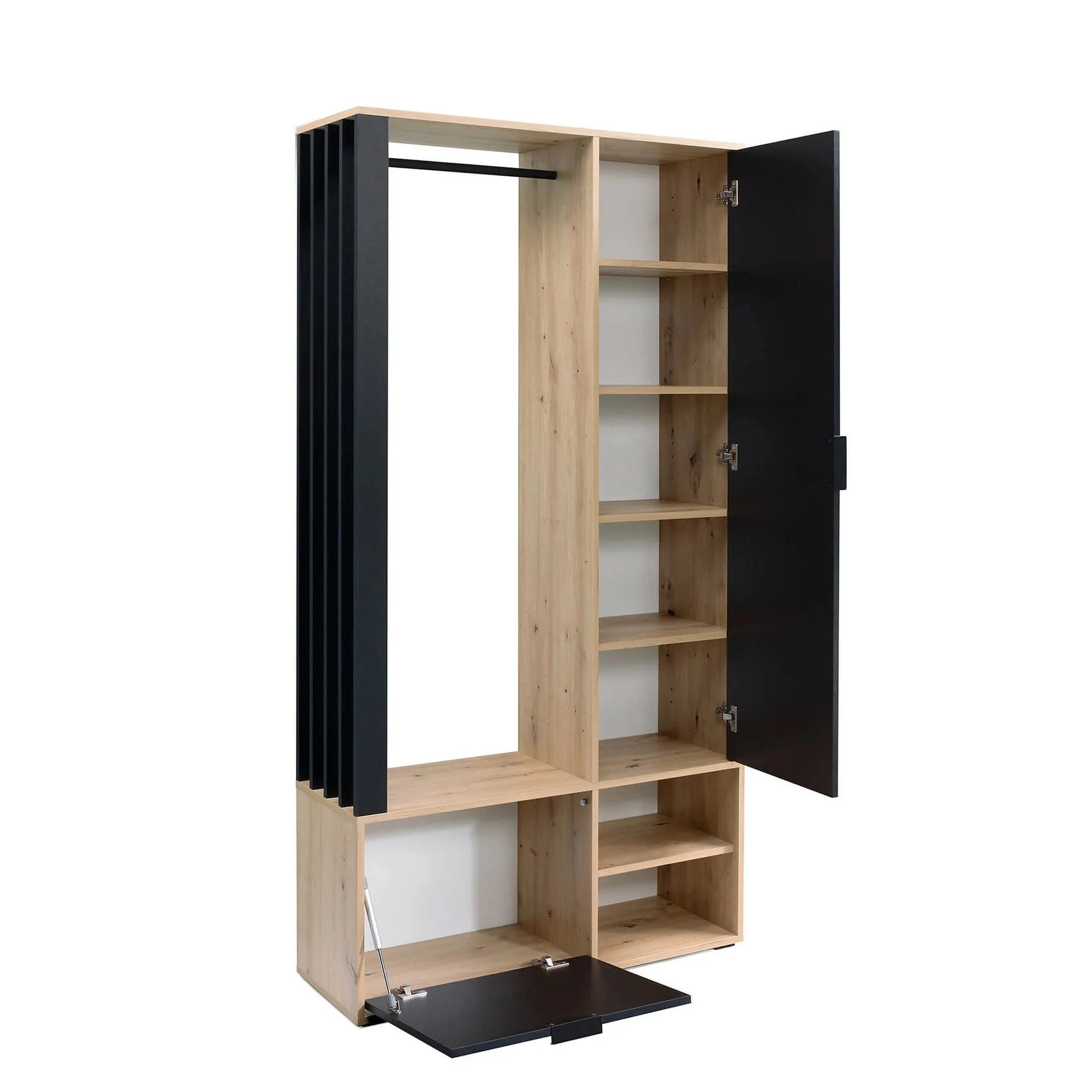 Cuier mobila hol MILO, stejar artisan/negru, PAL laminat/metal, 100x33x189 cm