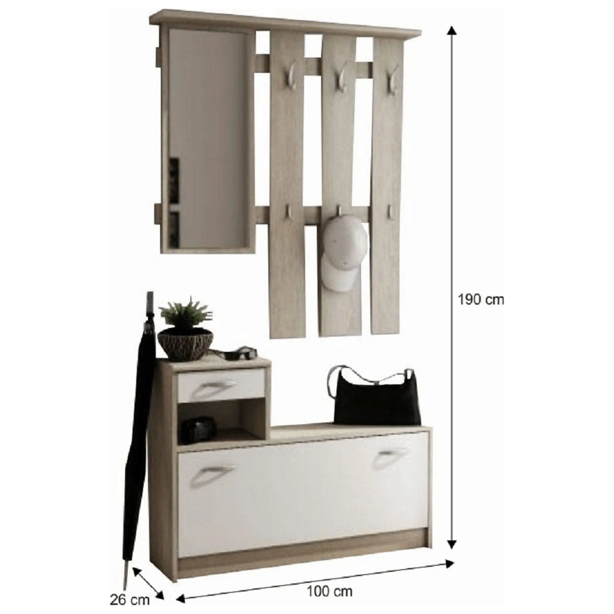 Mobilier hol VIRA-MECKI, stejar sonoma/alb, PAL melaminat, 100x26x190 cm