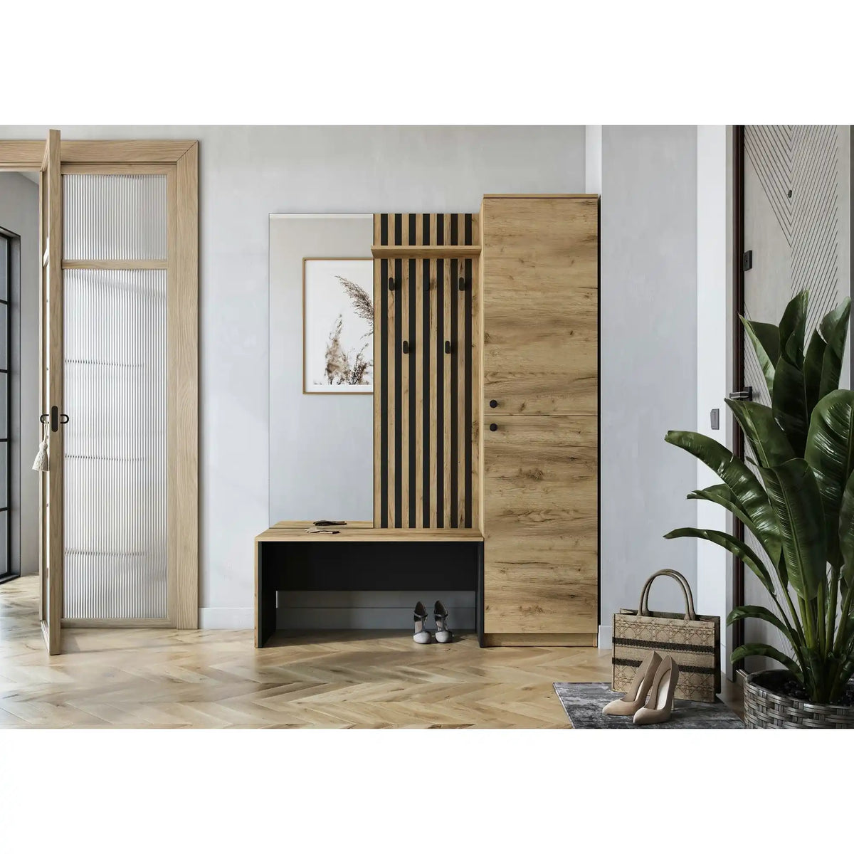 Mobilier hol ZARIS, stejar auriu/negru, PAL laminat, 150x40x198 cm
