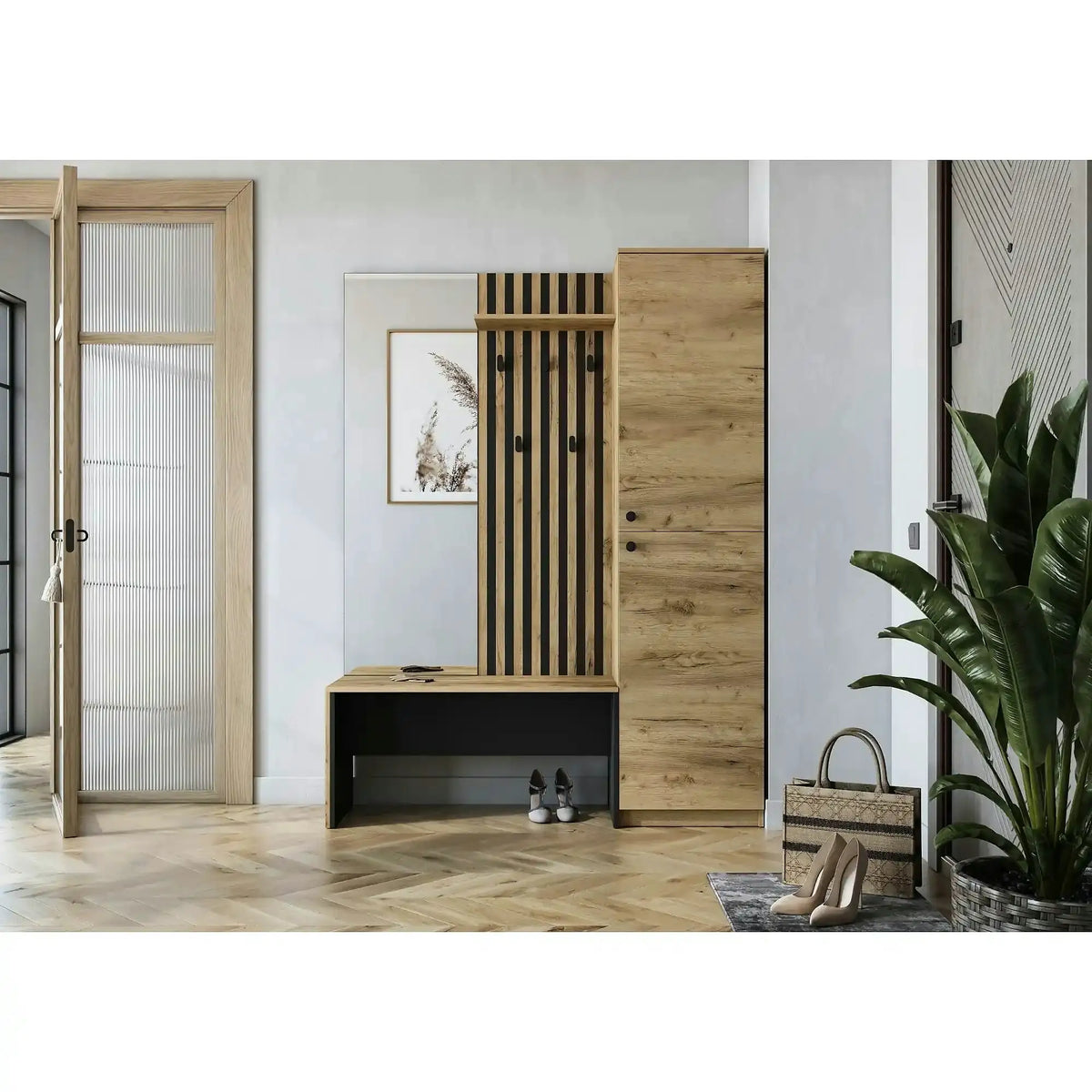 Mobilier hol ZARIS, stejar auriu/negru, PAL laminat, 150x40x198 cm