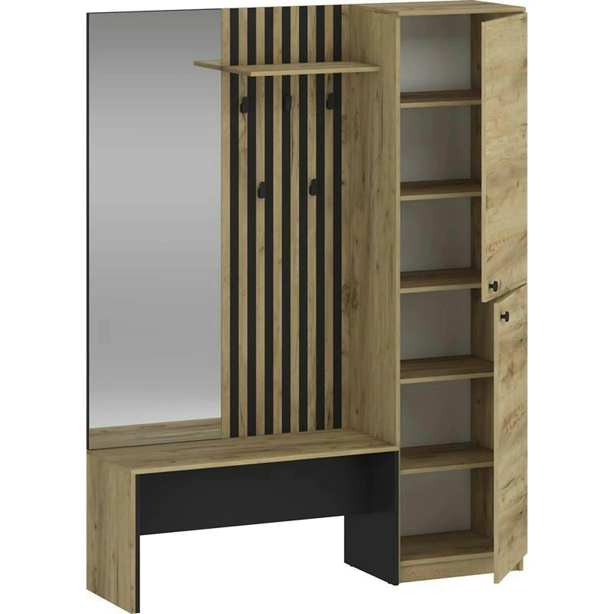 Mobilier hol ZARIS, stejar auriu/negru, PAL laminat, 150x40x198 cm