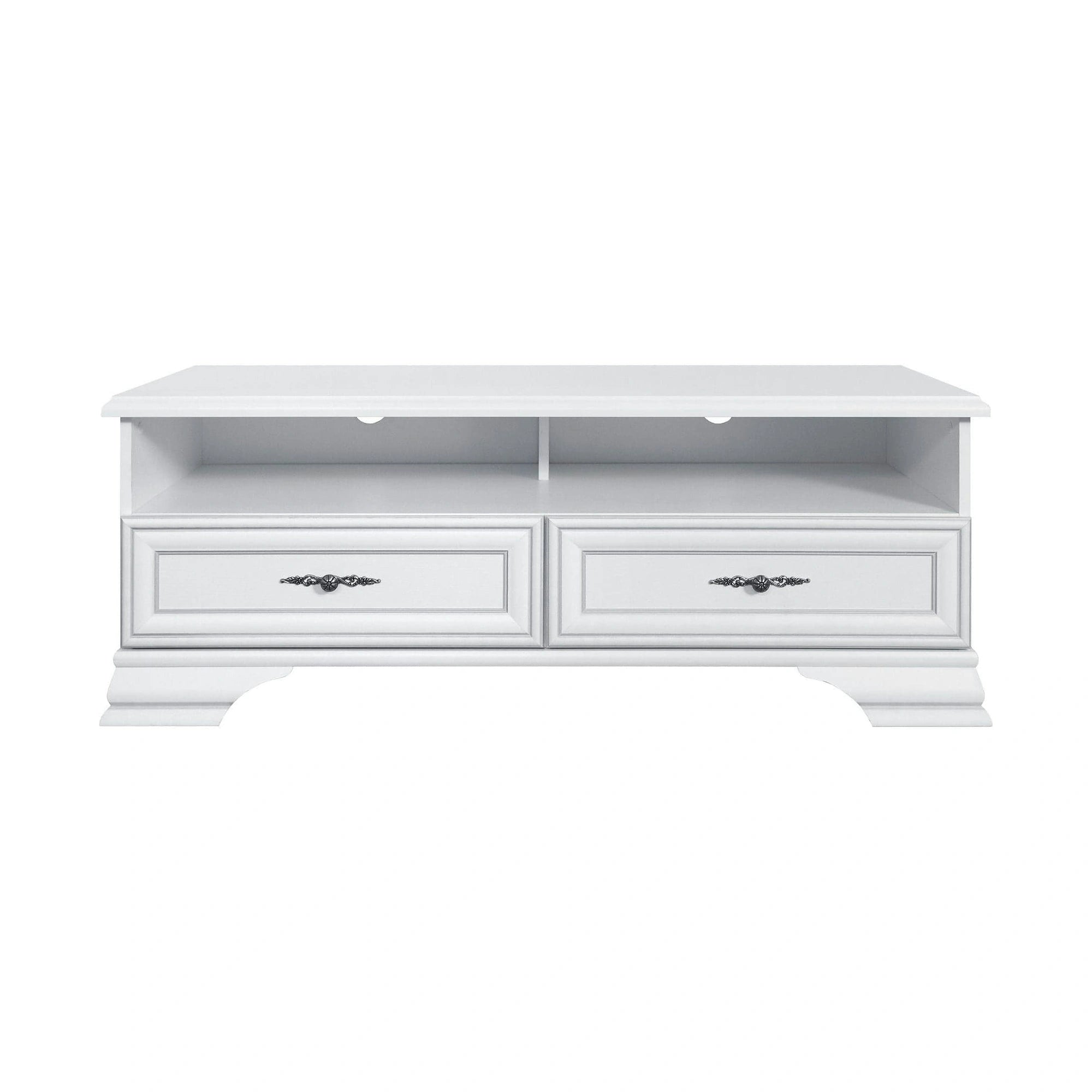 Mobilier living alb clasic IDENTO 6, format din 2 vitrine, masuta cafea si comoda TV