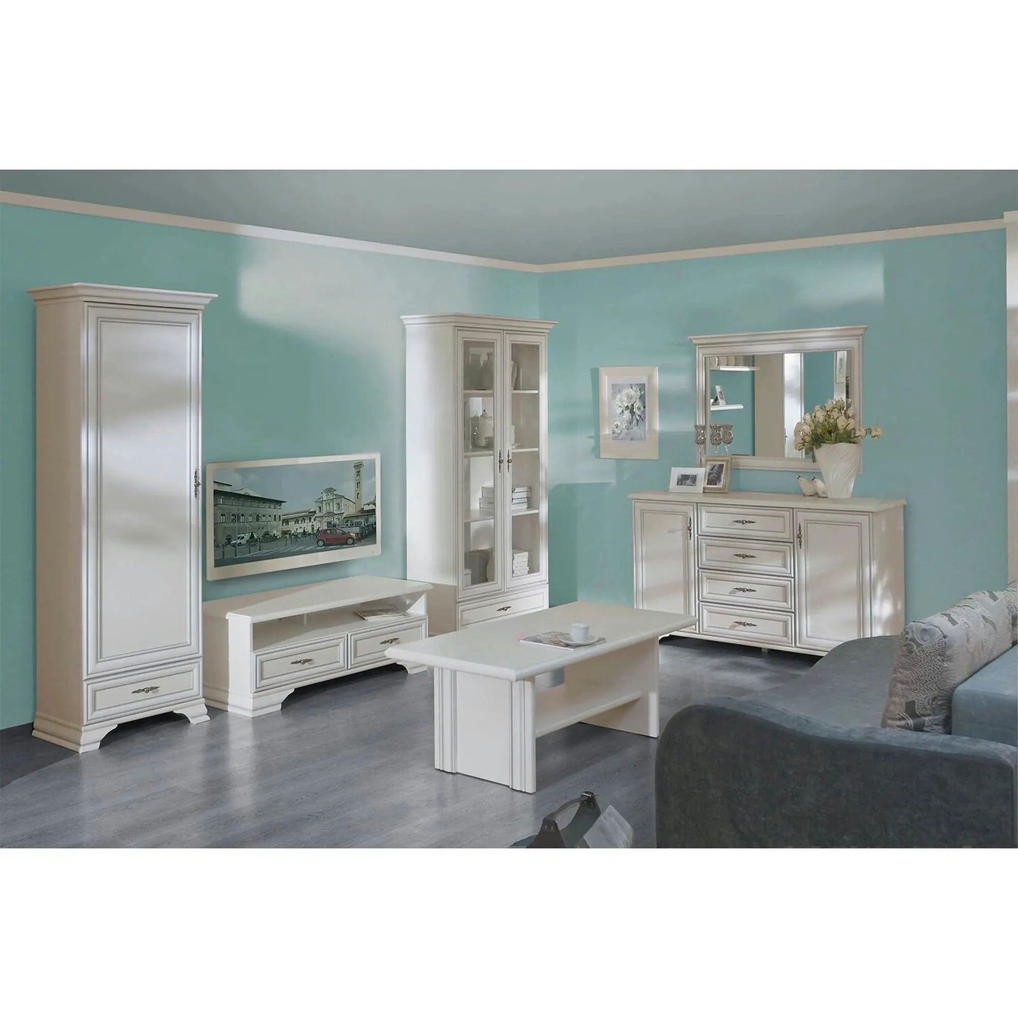 Mobilier living alb clasic IDENTO 7, format din vitrina, dulap, comoda, masuta cafea si comoda TV