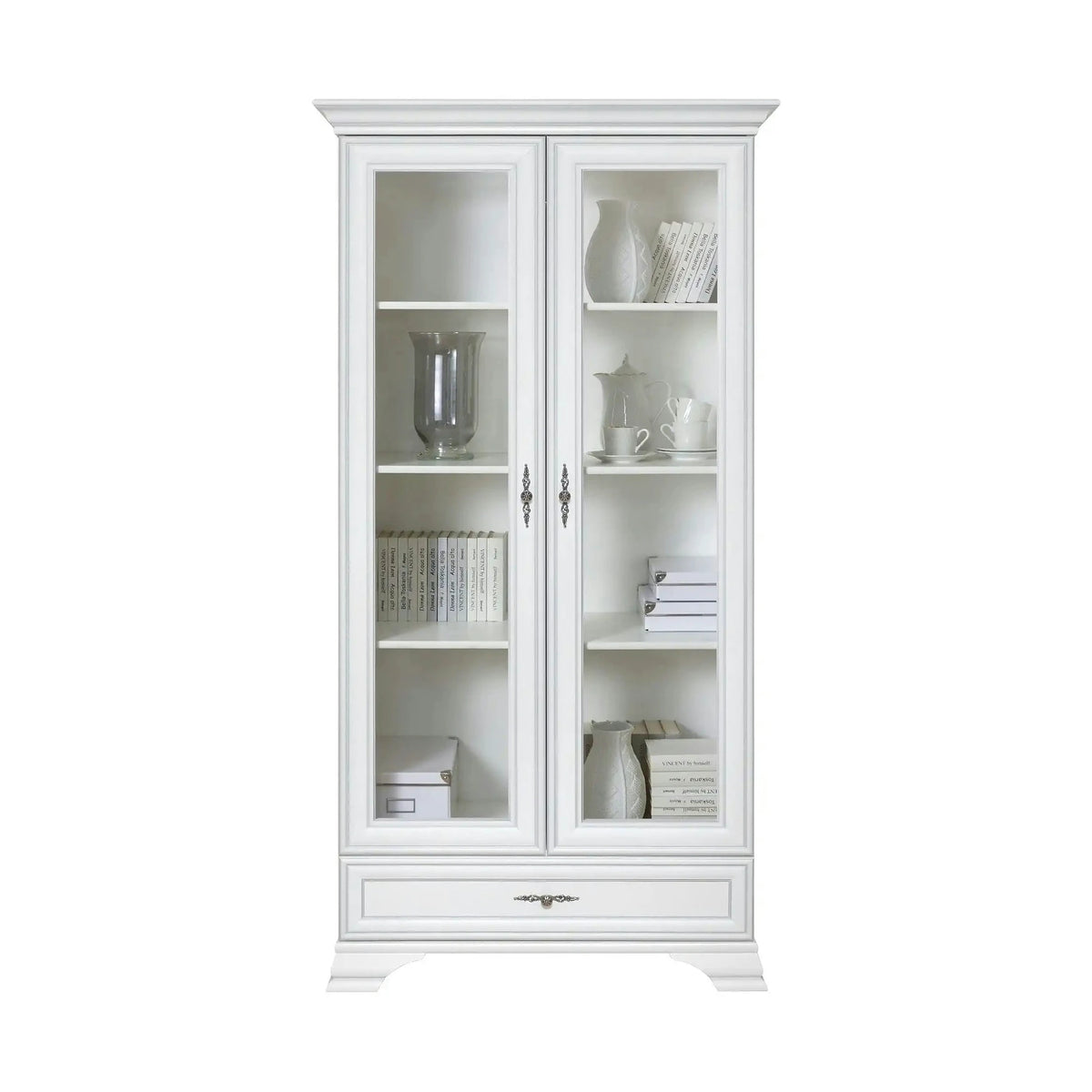 Mobilier living alb clasic IDENTO 7, format din vitrina, dulap, comoda, masuta cafea si comoda TV