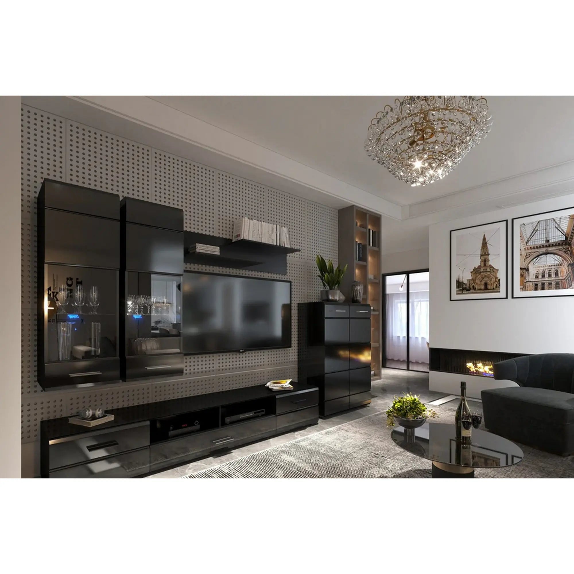Mobilier living ARCTIC, negru, PAL, 285x40x190 cm